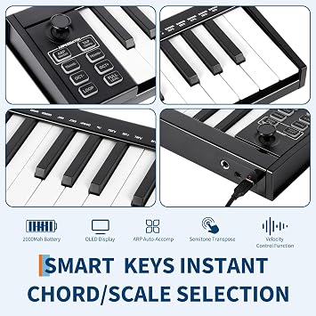 49 Key MIDI Keyboard Controller, USB MIDI Keyboard Controller with DAW Integration, 8 Drum Pads & OLED Display, Perfect for Music Production, Black
