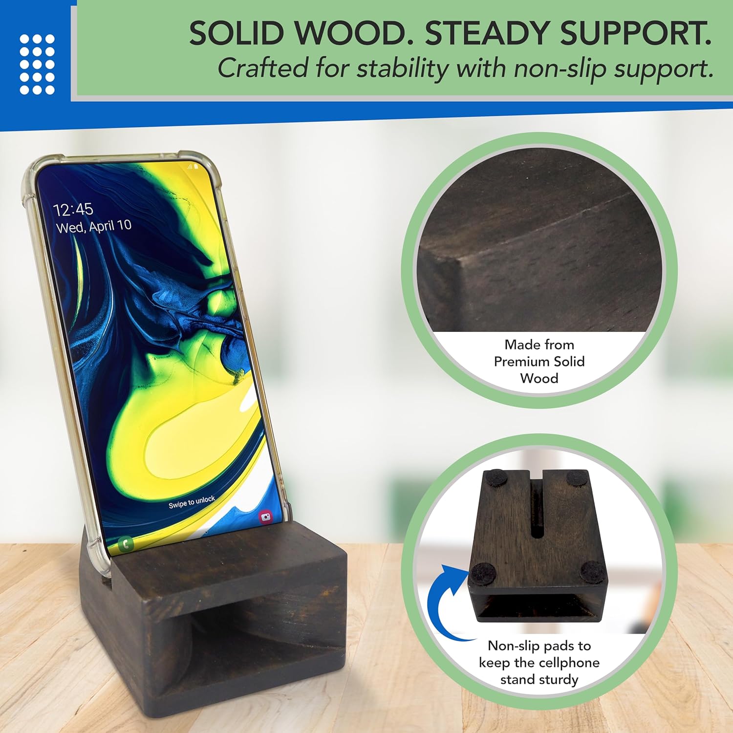 Wooden Phone Stand– Cellphone Stand for Desk, Bedside or Nightstand– Minimalist Phone Amplifier Suits Android or iPhone Under 0.55” Thick- Cute & Portable Cellphone Holder (Rustic Gray) - Image 4