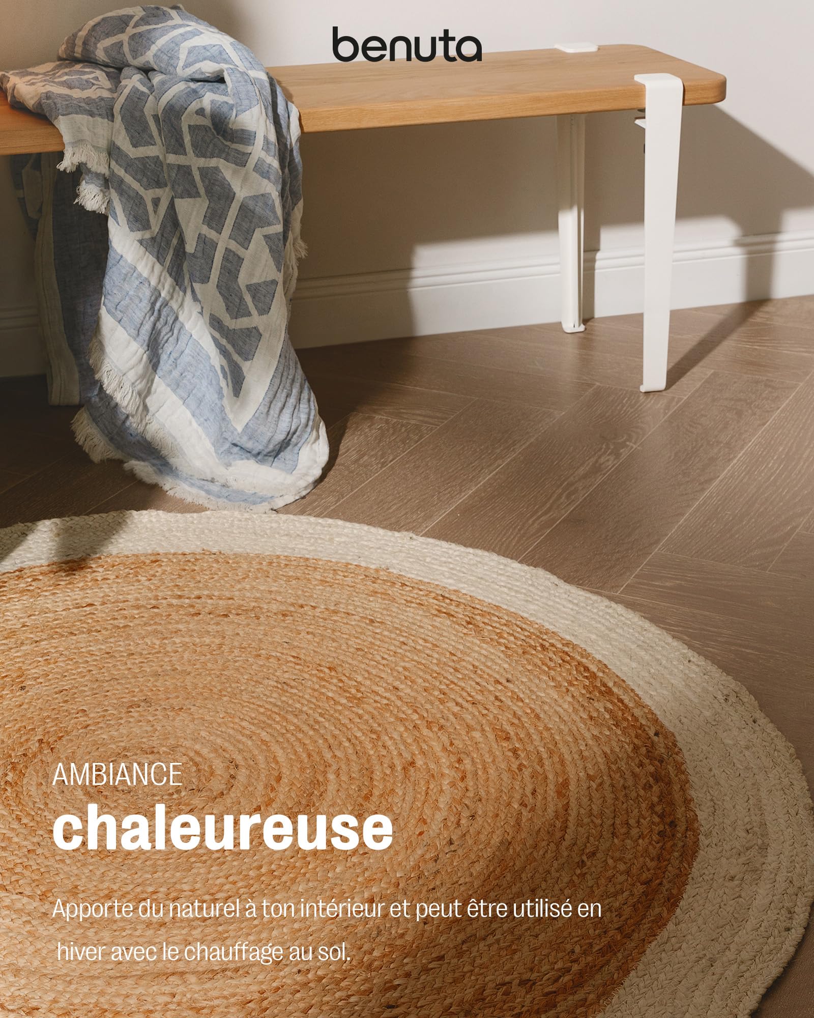 benuta Pure Jute Tapis Jutta - Naturel - Rond - 115 cm - Tapis de salon tissé à la main - Design bohème naturel - Convient pour chauffage au sol