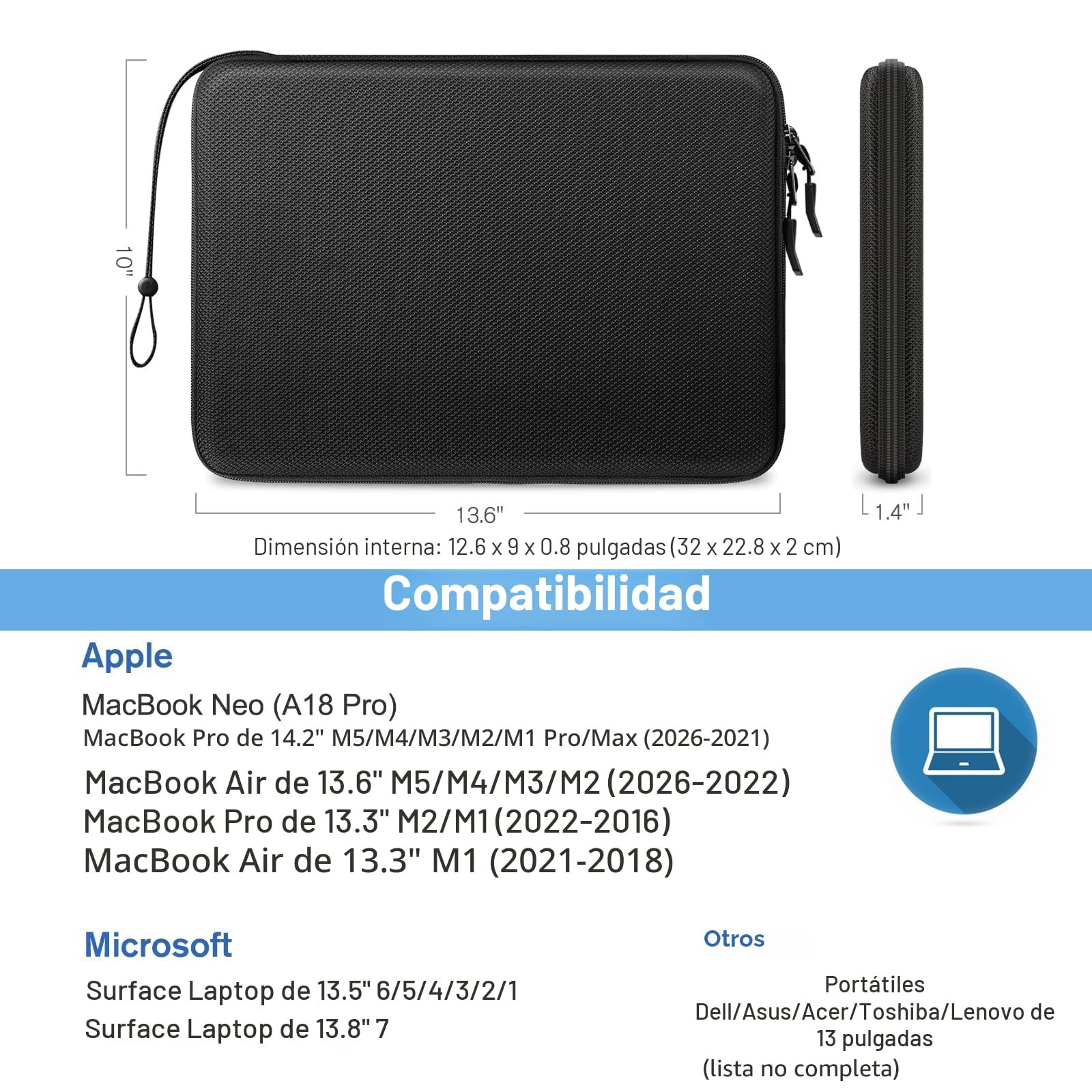 FINPAC Funda para Portátil, Concha Dura Bolsa para 13" MacBook Air 2026 M5 M4 M3 M2 M1, MacBook Neo A18 Pro 2026, 14" MacBook Pro M5 M4 M3 M2 M1, para Lenovo/HP/DELL/Acer/Surface Laptop hasta 13"
