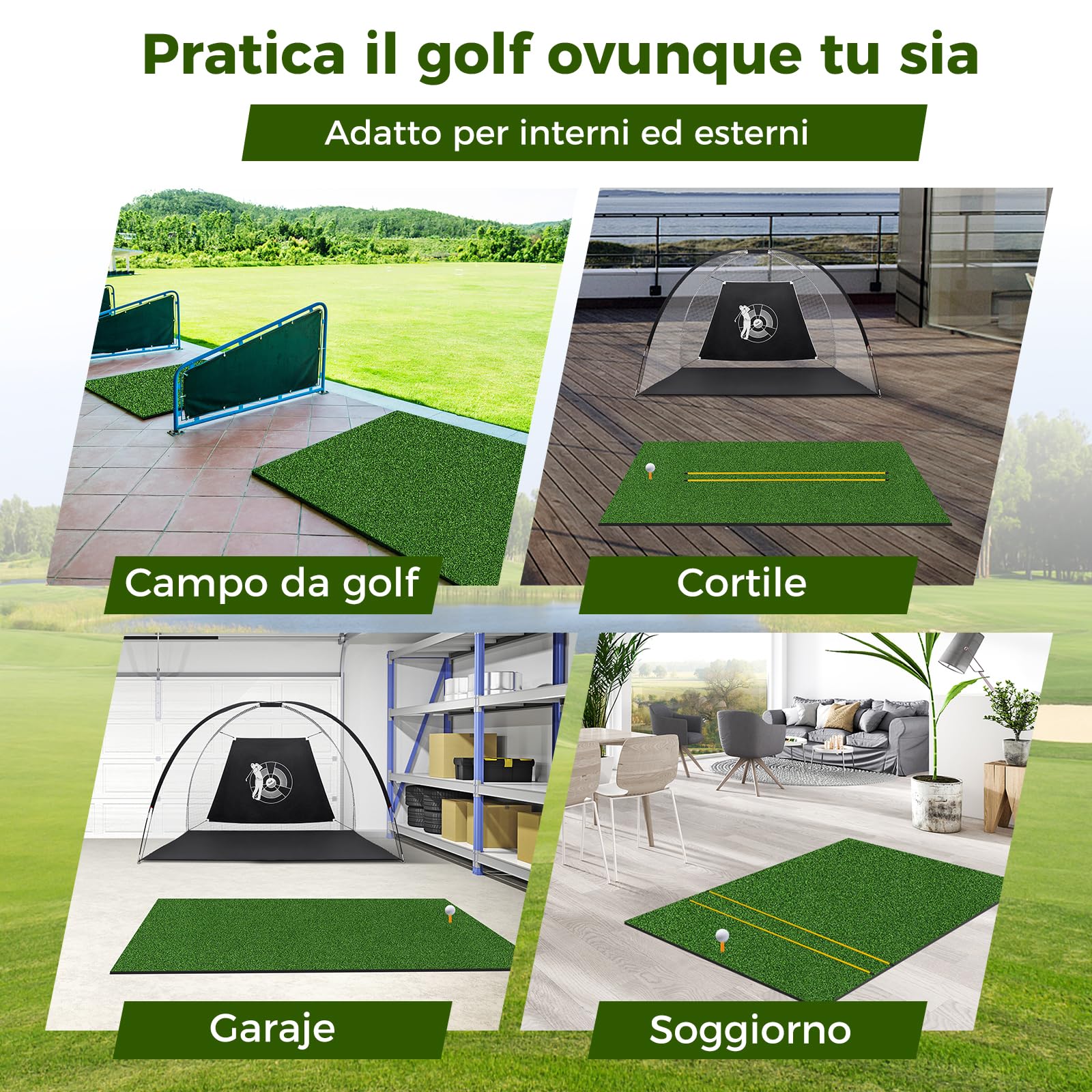 COSTWAY Tappetino da Allenamento Golf, Tappetino da Allenamento 3-in-1 con Erba Sintetica, 2 Punte da Golf, 2 Astine di Allineamento, Fori Preforati per le Punte, per Uomini e Donne