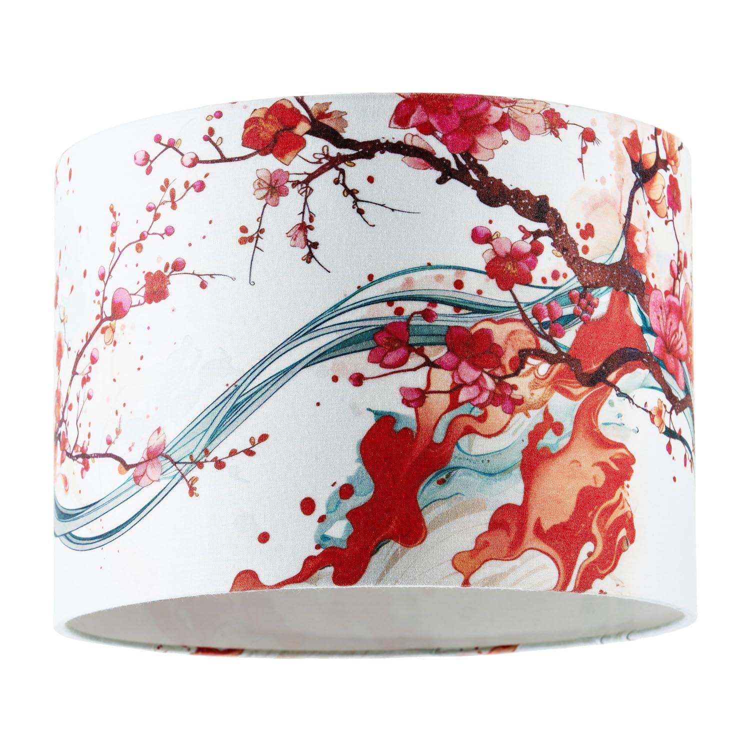 Red Cherry Blossom Watercolour Japanese Themed Fabric Drum Lamp Shade by Happ...