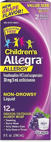 Allegra Líquido antihistamínico antihistamínico sin somnolencia para aliviar la alergia 12HR para niños, sabor a uva, sin alcohol y sin colorantes,