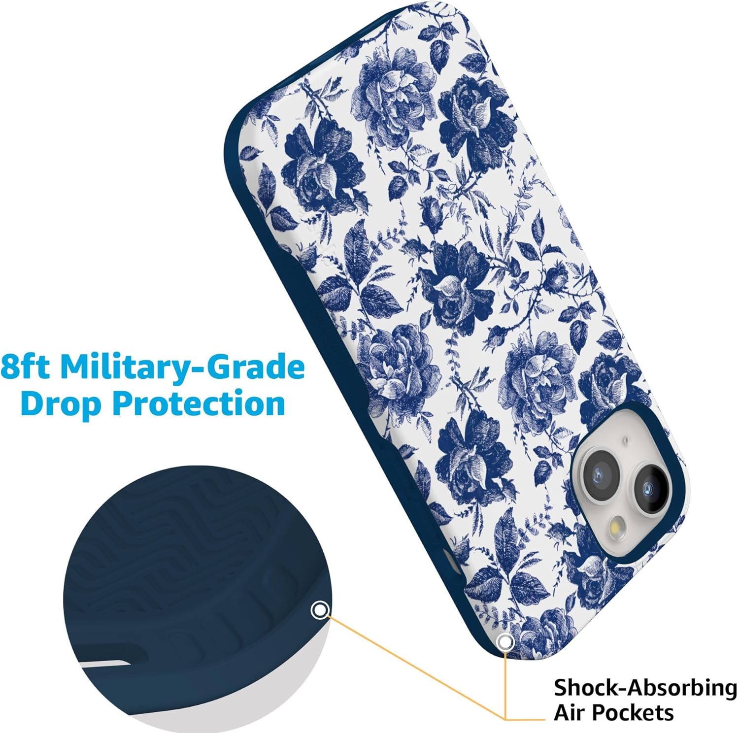 Casely iPhone 15 Case | Rose to Fame | Blue & White Floral | Bold Protective Design | Compatible with MagSafe
