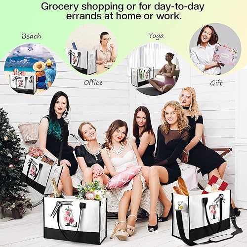 Miniatura 6 de Regalos de cumpleaños personalizados para amigas, bolsa de mano con iniciales florales para mujer, bolsa de playa Can-vas con bolsa de maquillaje,