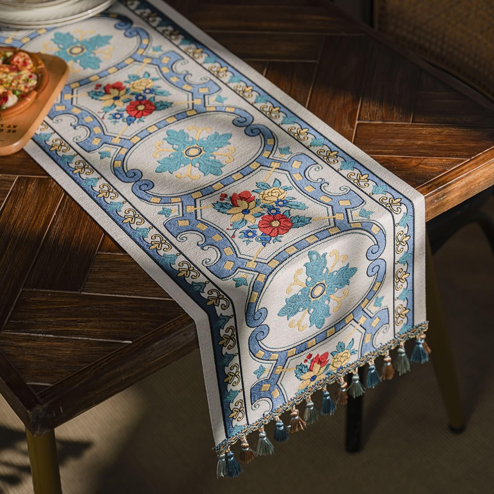 Runner Tavola Blu con Motivi Floreali,Poliestere Cotone,35x350cm