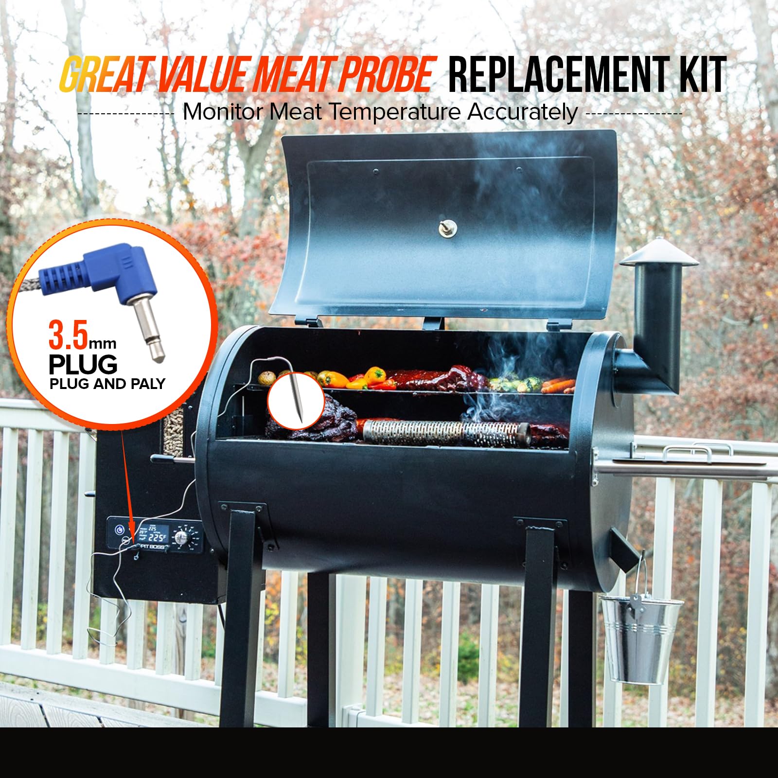Fleisch-Temperatursonden-Ersatz für Pit Boss Pellet-Grills und Smoker, 3,5 mm Stecker-Thermometer, Sonden mit 4 Fleischsonden-Organizer, magnetische Thermometer, Sonde, Spule und Sonden-Clips, 4 Stück