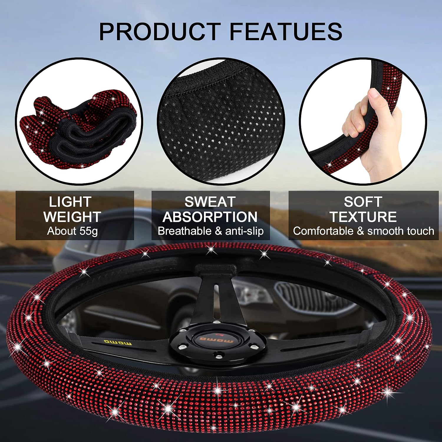 Fimker Red Diamond Steering Wheel Covers Soft Bling Bling Rhinestone Crystal Steering Accessories Universal 14.2-15.3 inches Sparkly Crystal Steering Protector
