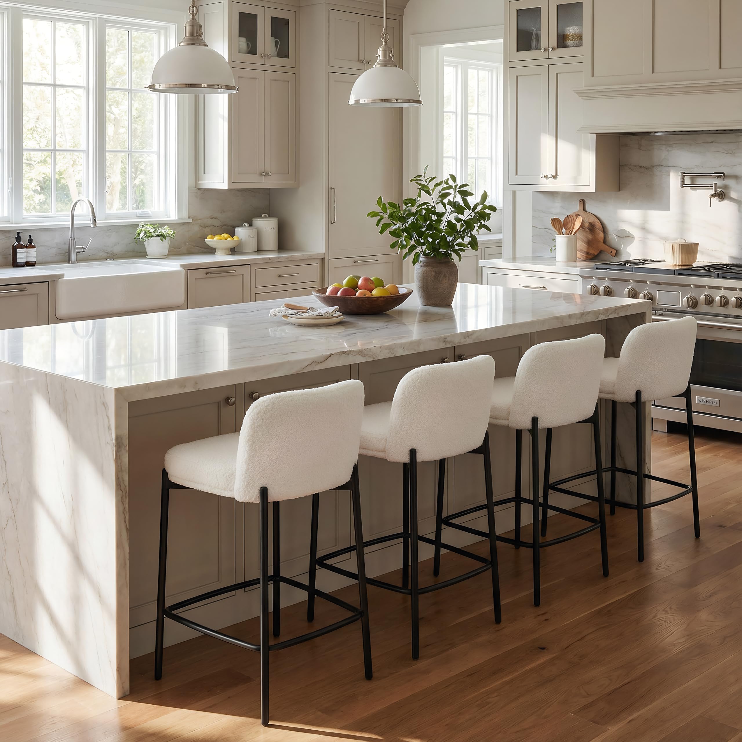 Modern 26" Counter Stools Set of 4, White Sherpa Upholstered Counter Height Bar Stools with Curved Back and Black Metal Legs, Comfy Armless Boucle Kitchen Island Barstools for Dining Room