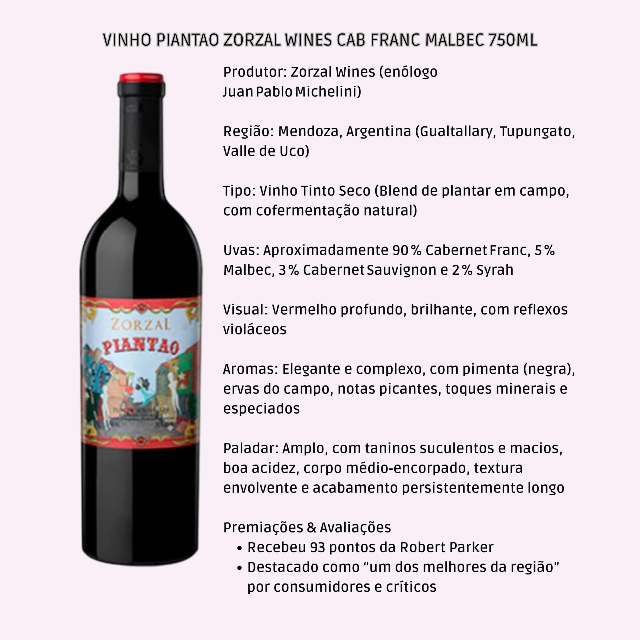 Zorzal Wines Vinho Piantao Cabernet Franc Malbec 750ml | Amazon.com.br