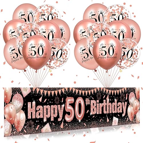 Decoraciones de cumpleaños número 50 color oro rosa y negro, pancarta de 50 cumpleaños y 18 globos de cumpleaños de 90 años para mujeres,
