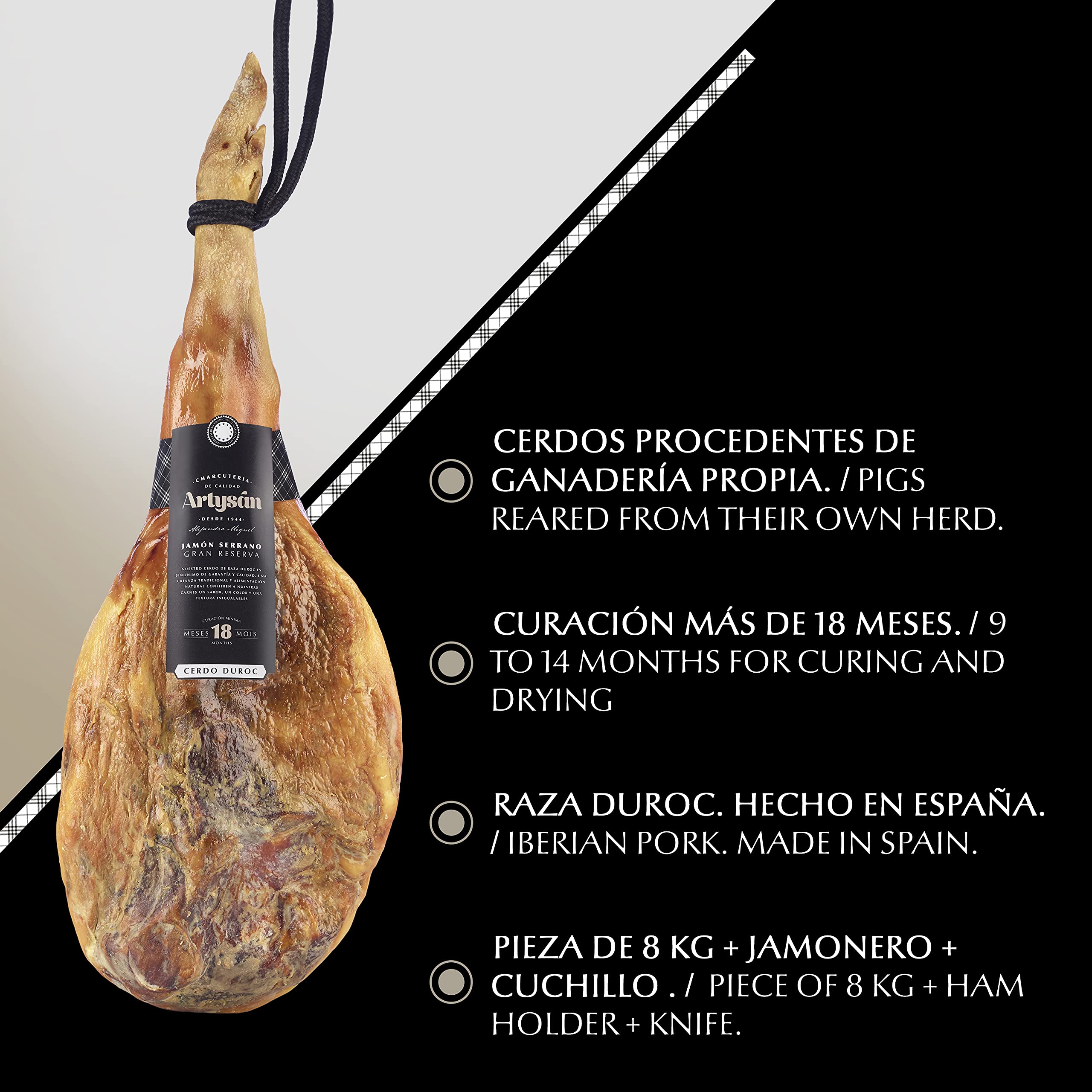 Artysan - Prosciutto Serrano Gran Reserva Duroc | 8 kg Circa | Prosciutto + Coltello + Porta Prosciutto | Suini Allevati Nelle Proprie Fattorie | Stagionatura> 18 mesi | Razza Duroc | Fatto in Spagna