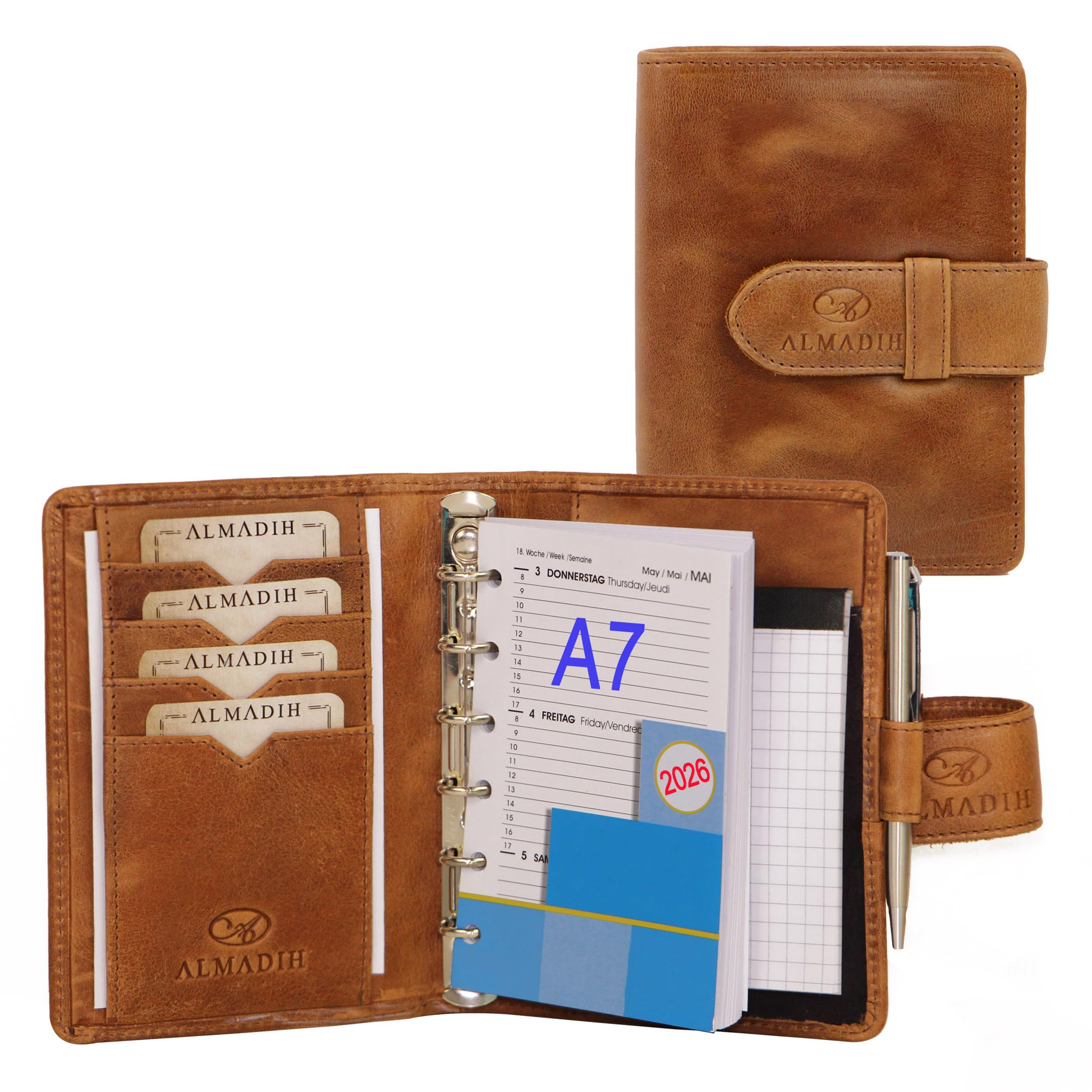 ALMADIH Leder A7 Terminplaner Kalender 2026 Notizblock Premium Rindsleder BD in Geschenkbox Ledermappe Mappe Schreibmappe Organizer Terminkalender Ringbuch Pocket Kompakt braun (A7 Term deluxe)