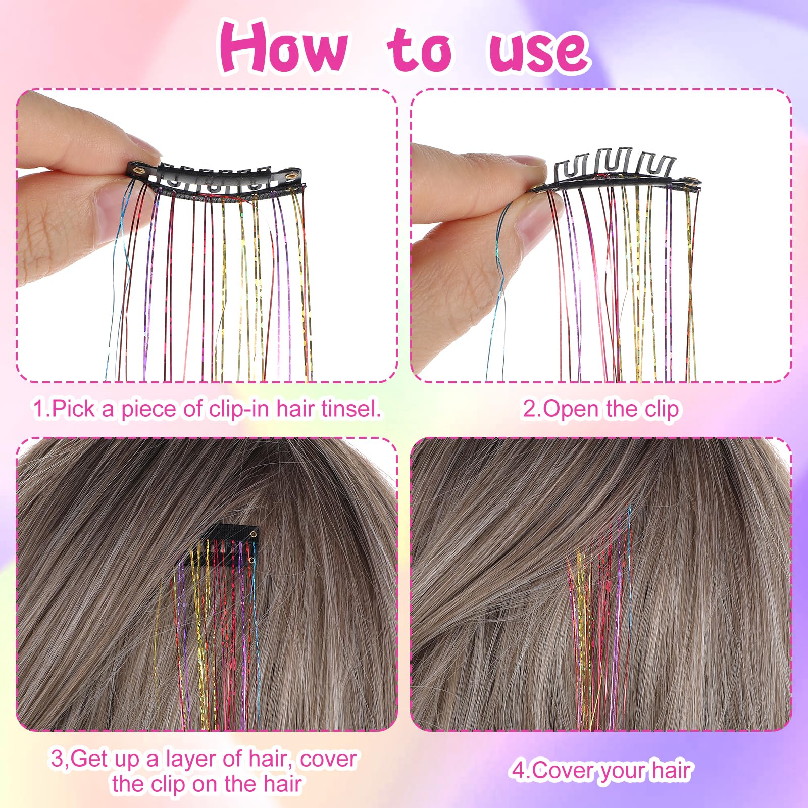 Hair Tinsel 12Pcs Tinsel Hair Extensions 20 Inch Clip in Glitter Hair Extensions Colorful Hair Tinsel Glitter Strands Tinsel Kit Hair Accessories for Women Girls Cosplay Halloween Party Festival - Image 3
