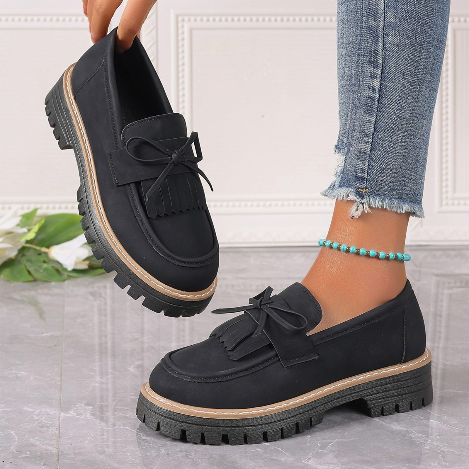 Zapatos de verano casuales con detalle de borla y lazo, tacón bajo, sin cordones, calzado cómodo para caminar para salidas diarias
