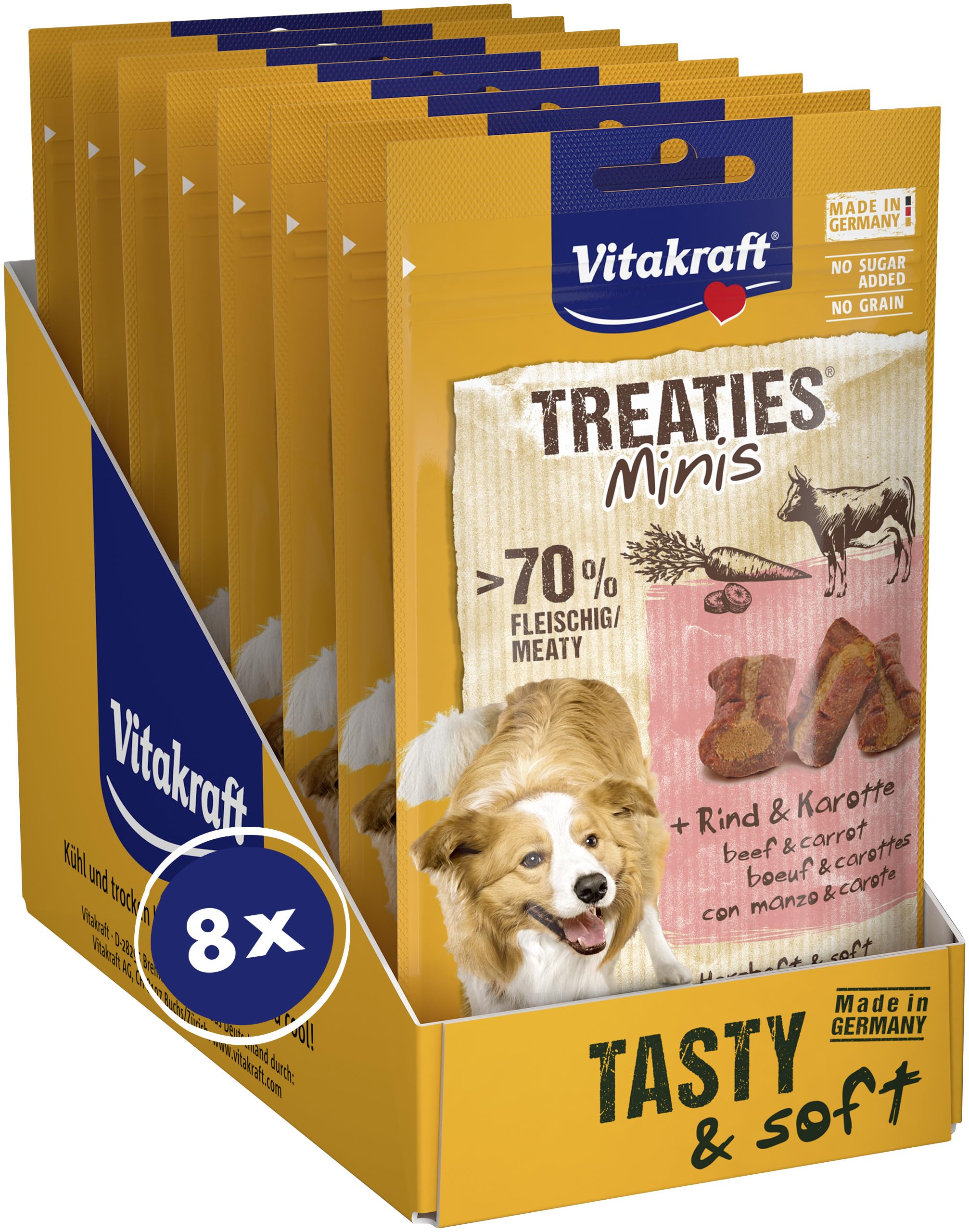 Vitakraft Treaties Minis, Hundeleckerli, weicher Hundesnack gefüllt mit Rind und Karotte, Hunde Trainingsleckerli, ohne Zusatz von Zucker (8x 48g)