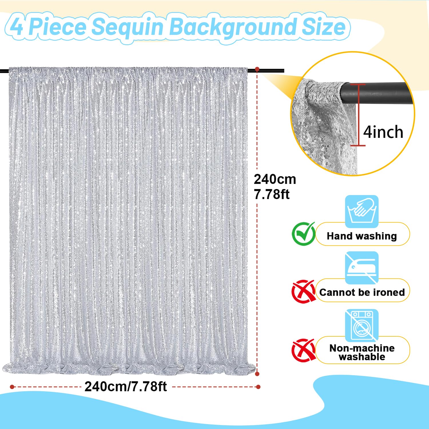 Silber Hintergrund Hochzeit Pailletten - 60 x 240 Cm Pailletten Stoff Hintergrund für Taufe Hochzeiten Geburtstag Schule Party Wohnkultur -4Stückf
