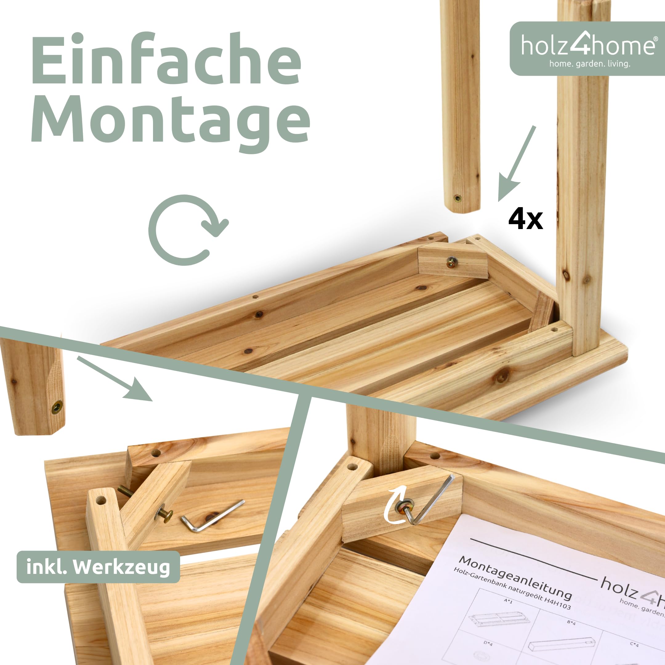 holz4home® Gartenbank Holzbank Natur Hell I Kleine Bank ohne Lehne I Parkbank 2-3 Sitzplätze für Terrasse Garten Balkon I Für Kinder & Erwachsene