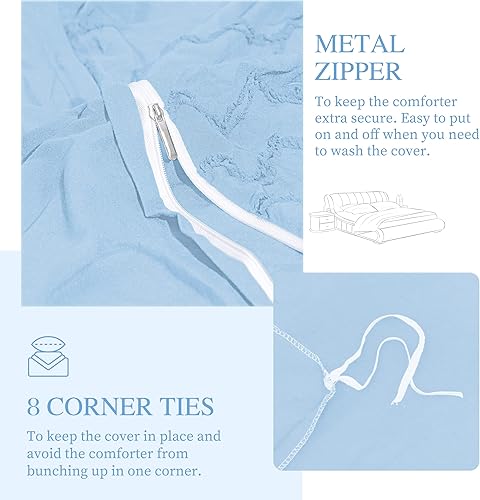 Miniatura 4 de Safe and Sound Funda de edredón, suave, transpirable, juego de ropa de cama de 3 piezas con cierre de cremallera, 8 lazos en las esquinas, 2 fundas