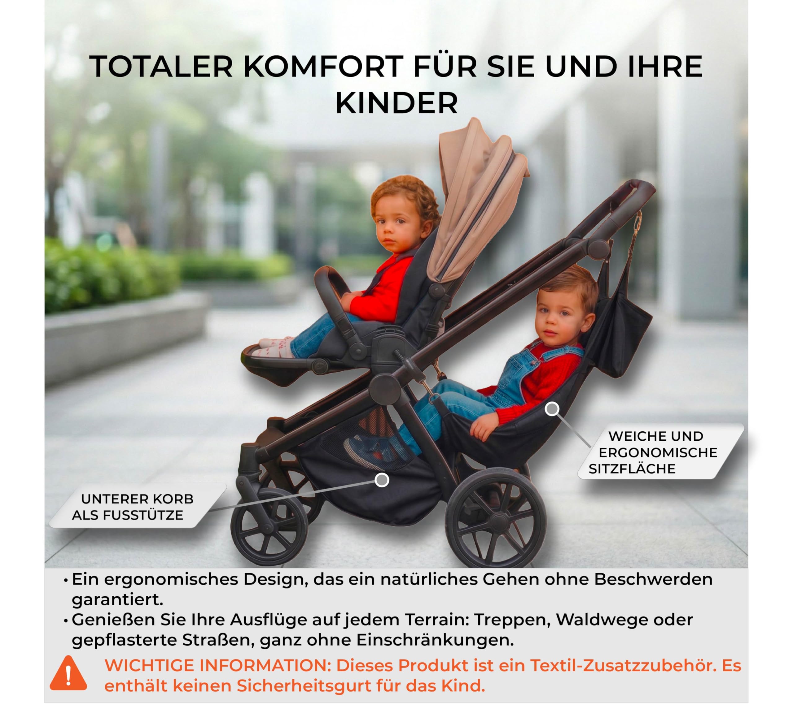 Dreamini Kinderwagen-Hängematte mit Sicherheitsnetz – Zubehör für Kinder (2-5 Jahre) – Universelle Buggy-Erweiterung bis 15kg – Die bequeme Buggy Board Alternative