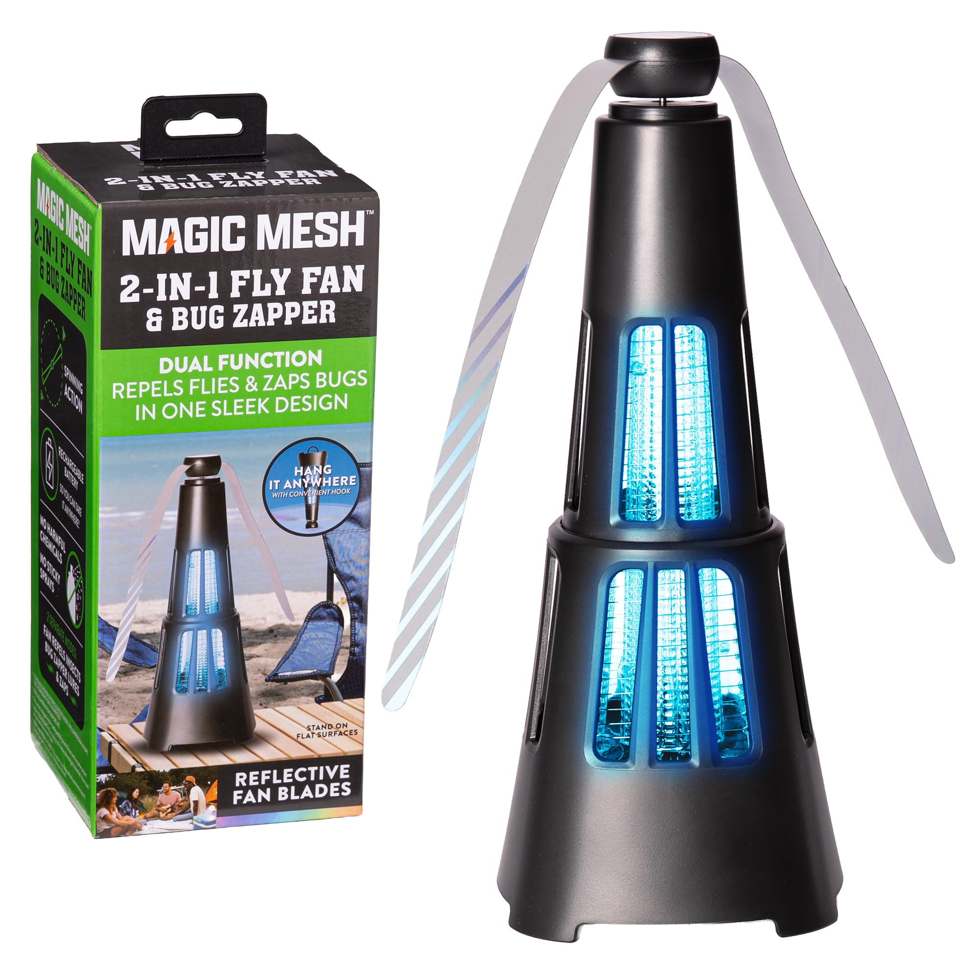 Magic Mesh Ventola per mosche e zanzare 2 in 1, ricaricabile, per esterni e interni, strumento per uccidere insetti, insetti e altro, per patio, campeggio, grigliate e cortili, fino a 2800 V