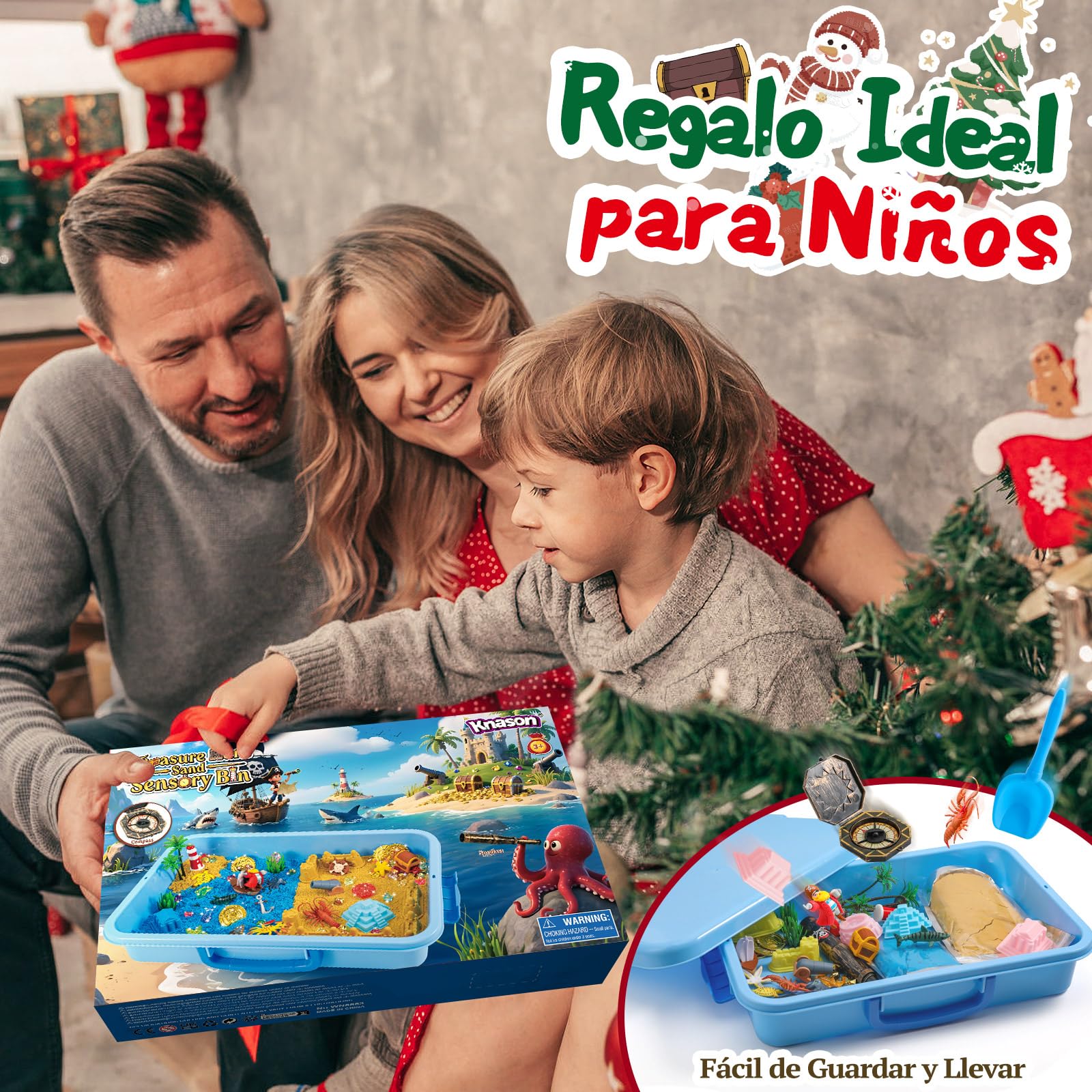KNASON Pirata Tesoro Cofre Arena Juguete Magica,Arena Toy con Accesorios Piratas,1 KG de Sand y Gemas que Brillan en la Oscuridad,Juguetes Sensoriales Arenas para Niños 3 4 5 6 Años