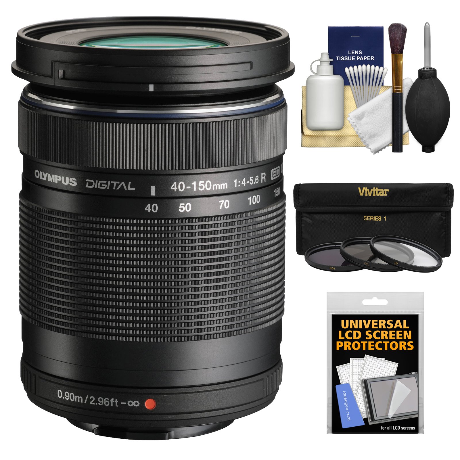 OlympusM.Zuiko 40-150mm f/4.0-5.6 R Micro ED Digital Zoom Lens (Black) with 3 UV/CPL/ND8 Filters + Kit for Micro Four-Third Cameras
