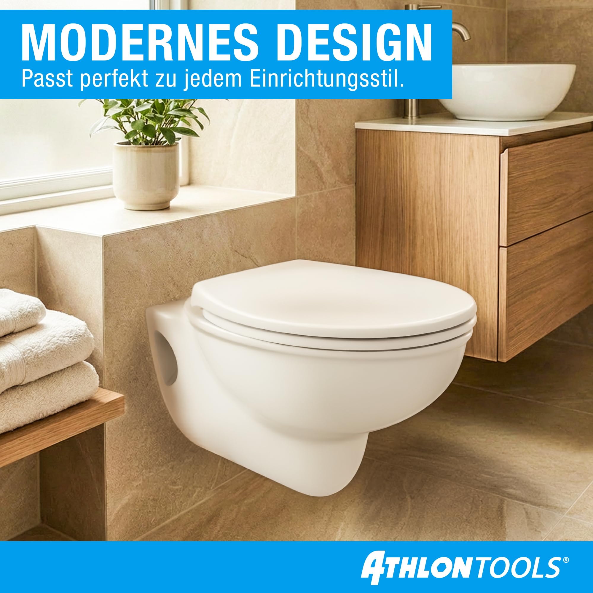 ATHLON TOOLS Toilettendeckel mit Absenkautomatik O-Form – Duroplast WC Sitz, Soft-Close & Quick-Release – Antibakterielle, kratzfeste & UV-beständige Klobrille inkl. Installationsschablone