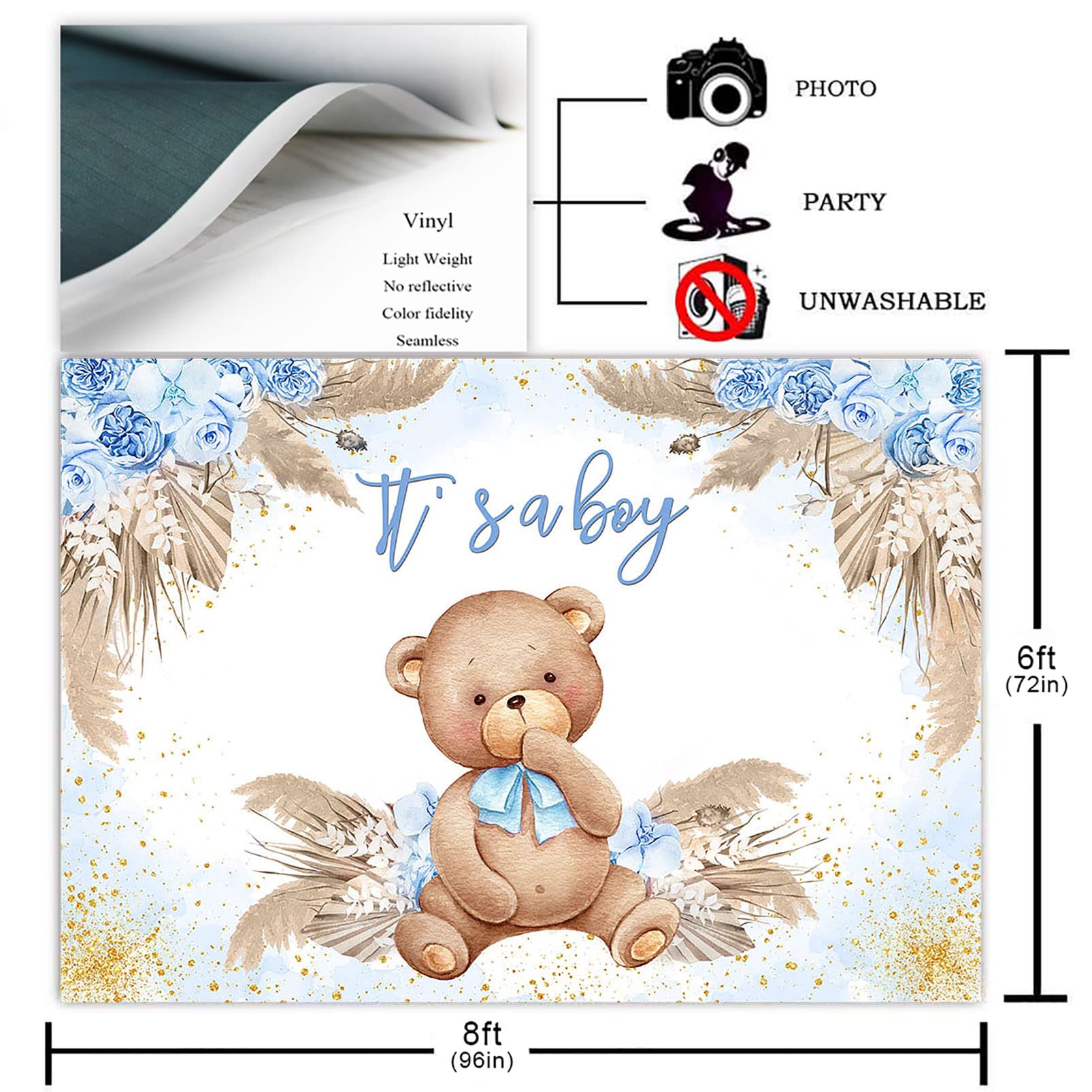 Avezano Toile de fond avec ours bohème pour fête prénatale de garçon - Herbe de la pampa bleue - C'est un garçon - Fond pour photographie - Ours bohème - Décorations de Avezano Toile de fond avec ours bohème pour fête prénatale de garçon - Herbe de la pampa bleue - C'est un garçon - Fond pour photographie - Ours bohème - Décorations de