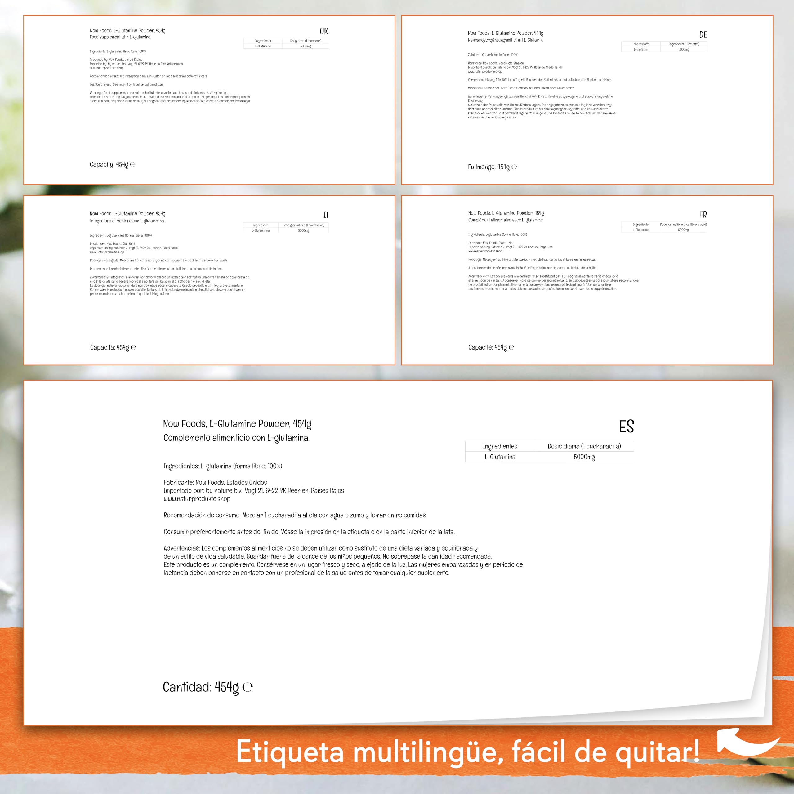 Now Foods L-Glutamina, 454g Polvo vegano, Aminoácido, Testado en Laboratorio, Vegetariano, Sin Gluten, Sin Soja, Sin OGM