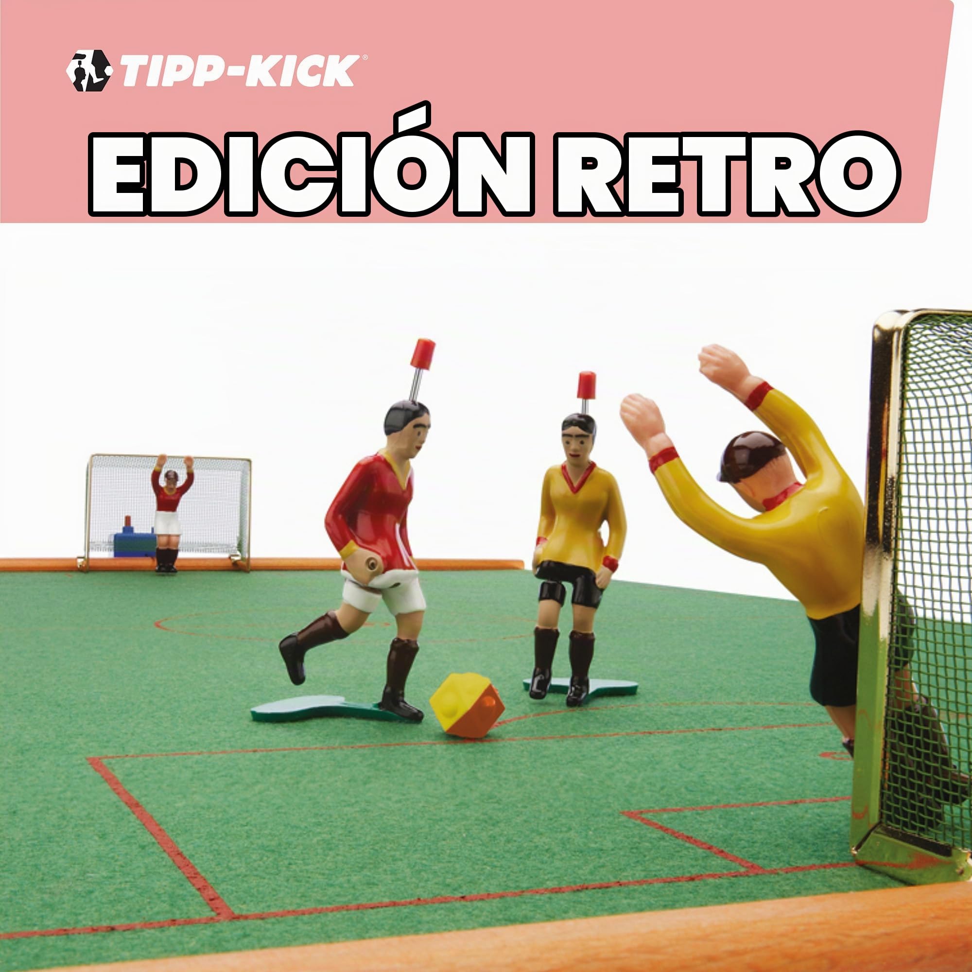 TIPP-KICK Retro 80x47 cm – Futbolín Listo para Jugar con 2X Jugadores, 2X guardametas, 2X porterías, 2X Pelotas I Terreno de Juego de Fieltro