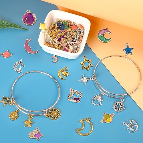 Miniatura 5 de SANNIX 120 dijes mixtos de sol y estrella, luna, para hacer joyas, dijes de esmalte dorado para hacer collares, pulseras, suministros