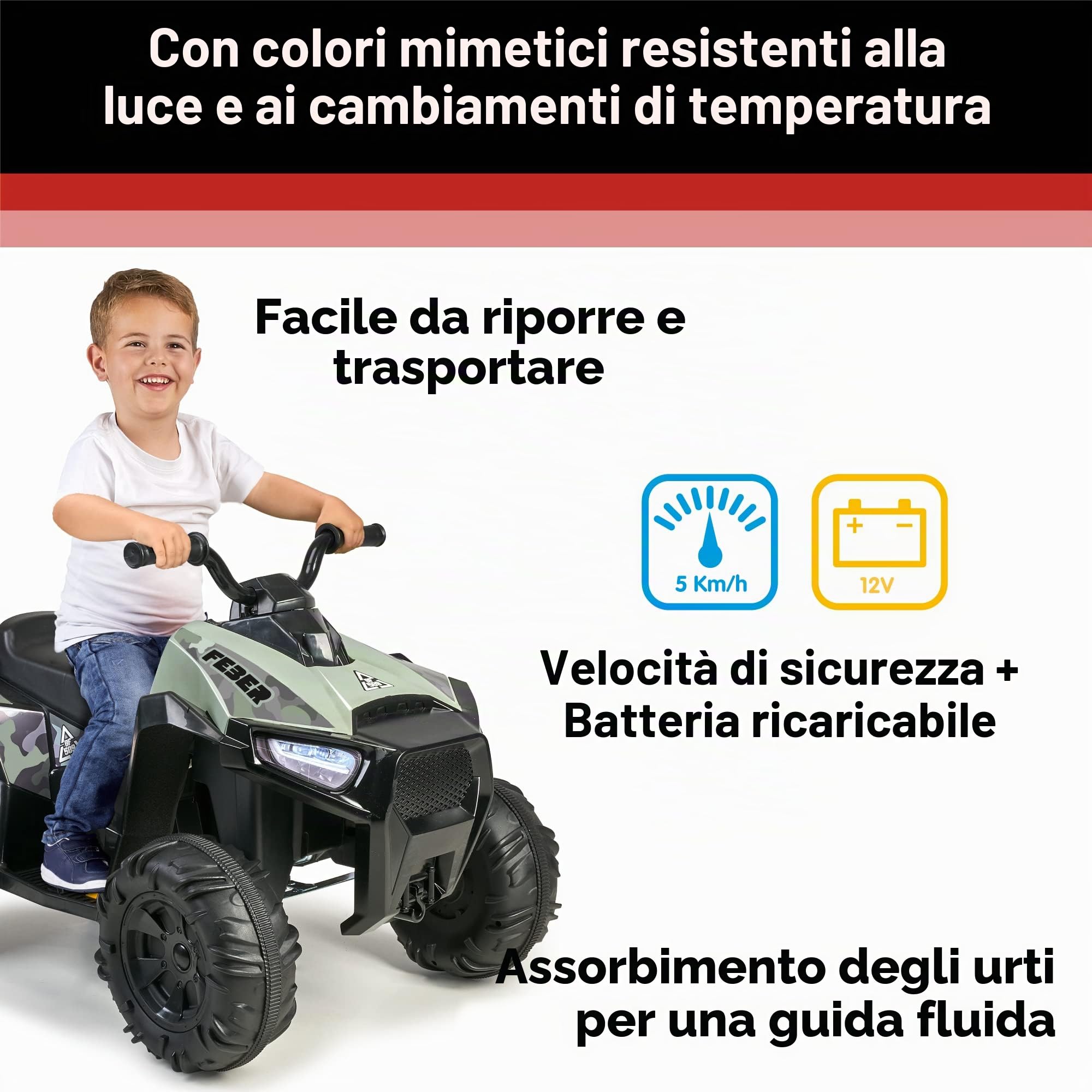 FEBER - Quad Boxer 12V, un posto, elettrico, con ruote larghe per maggiore stabilità e velocità massima 5 km/h, per bambine/i dai 3 anni, Famosa (FEN03000)