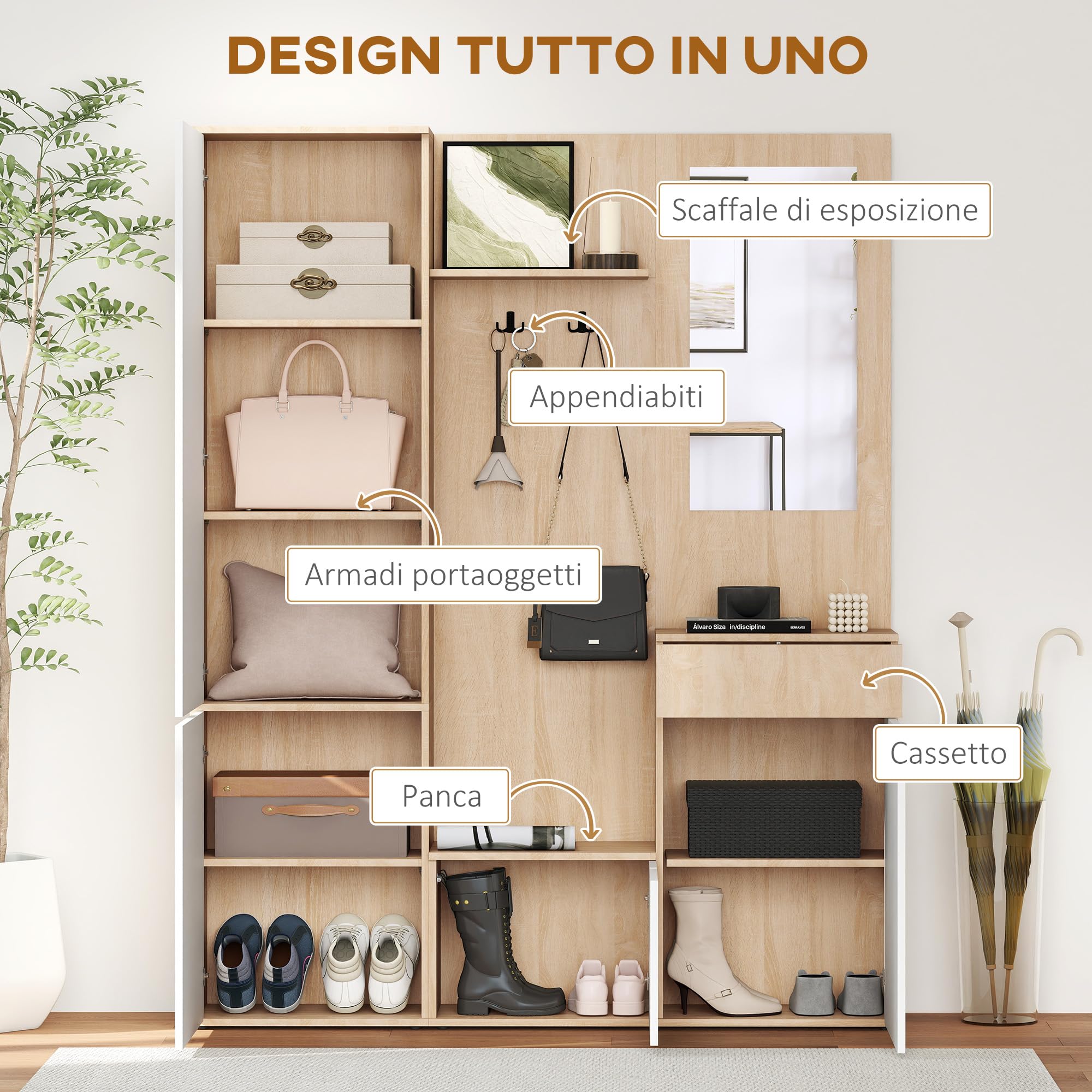 HOMCOM Mobile Attaccapanni da Ingresso 4 in 1 con Specchio, Ganci e Ripiani Regolabili Interni, Mobile da Ingresso Multiuso in Legno con Cassetto, 145x29x184 cm, Legno Naturale e Bianco