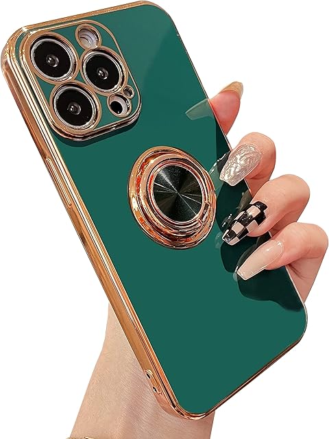 ZTOFERA Compatible with iPhone 13 Pro Case with 360 Degree Rotation Finger Ring Holder, Flexible Silicone Phone Case with Magnetic Metal for Car Mount Gold Edging Shockproof Cover, Dark Green