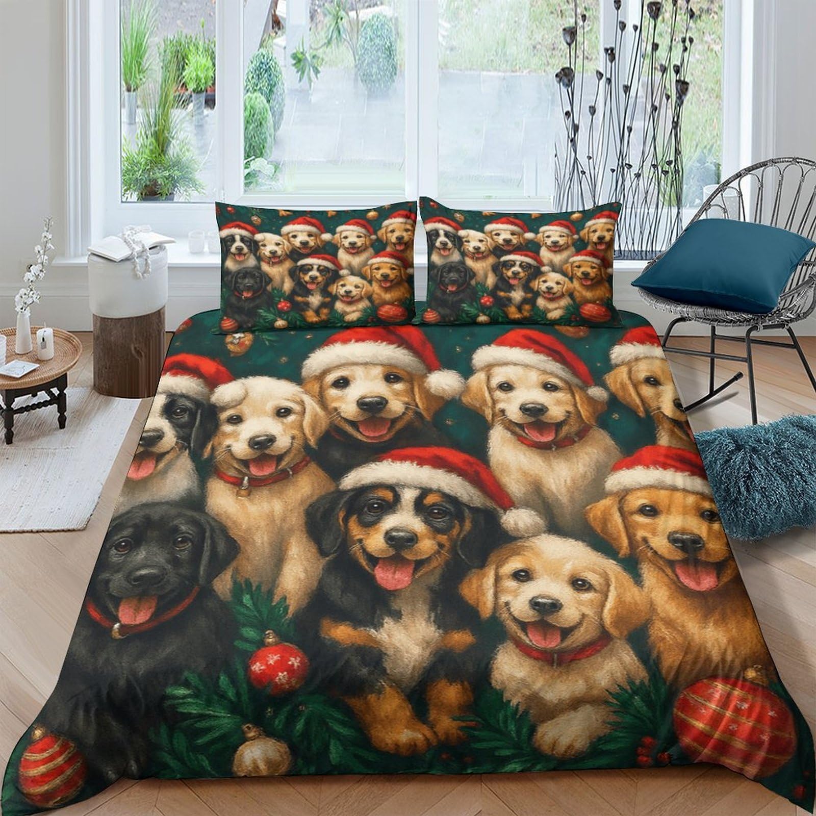 Ctjqhvkz Style-5 3D Printed Christmas Puppies Fitted Sheet Microfiber Soft Breathable Santa Hat Bed Cover For Bedroom Dorm Decor Single（135X200cm）
