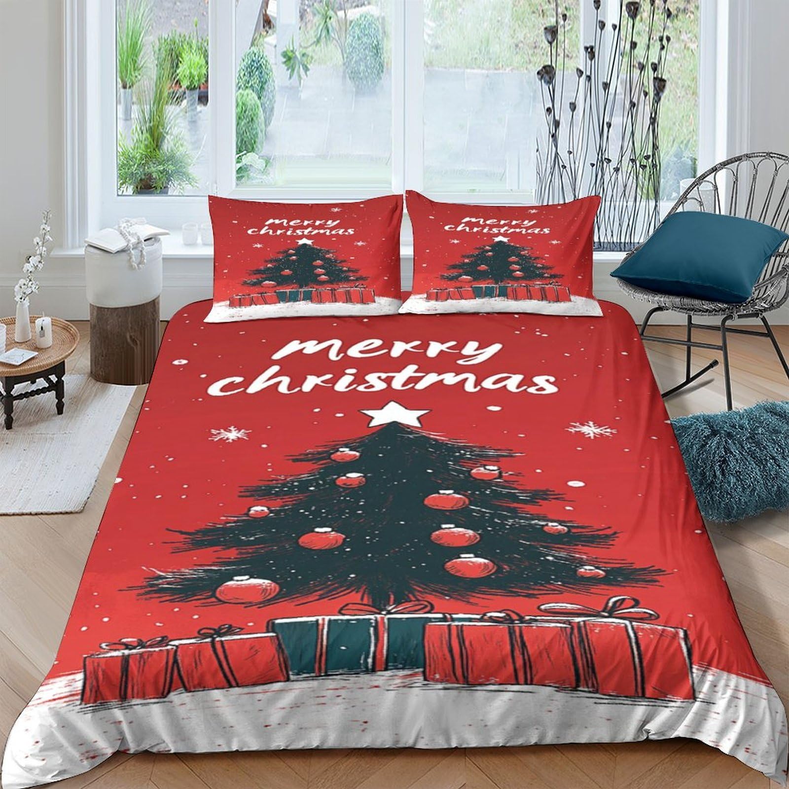 P5V6M1Q9 3D Printed Christmas Tree Duvet Cover Microfiber Soft Red Bedding Set with 2 Pillowcases for Bedroom Decor Single（135x200cm）