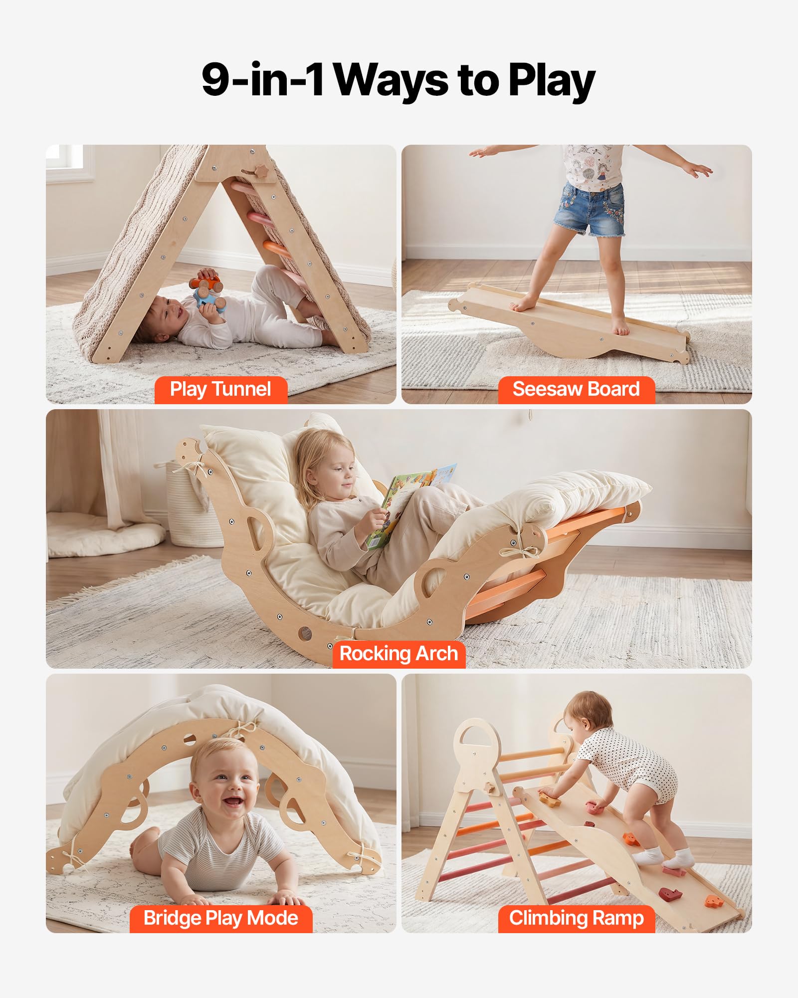 VEVOR Kletterdreieck, 9-in-1 Kletterspielzeug, mit Holzautos, Kissen, Kletterdreieck, Rutsche & Kletterbogen, bis 68 kg, Montessori Indoor Spielset für Kinder im Alter von 1 bis 3 Jahren, Orange