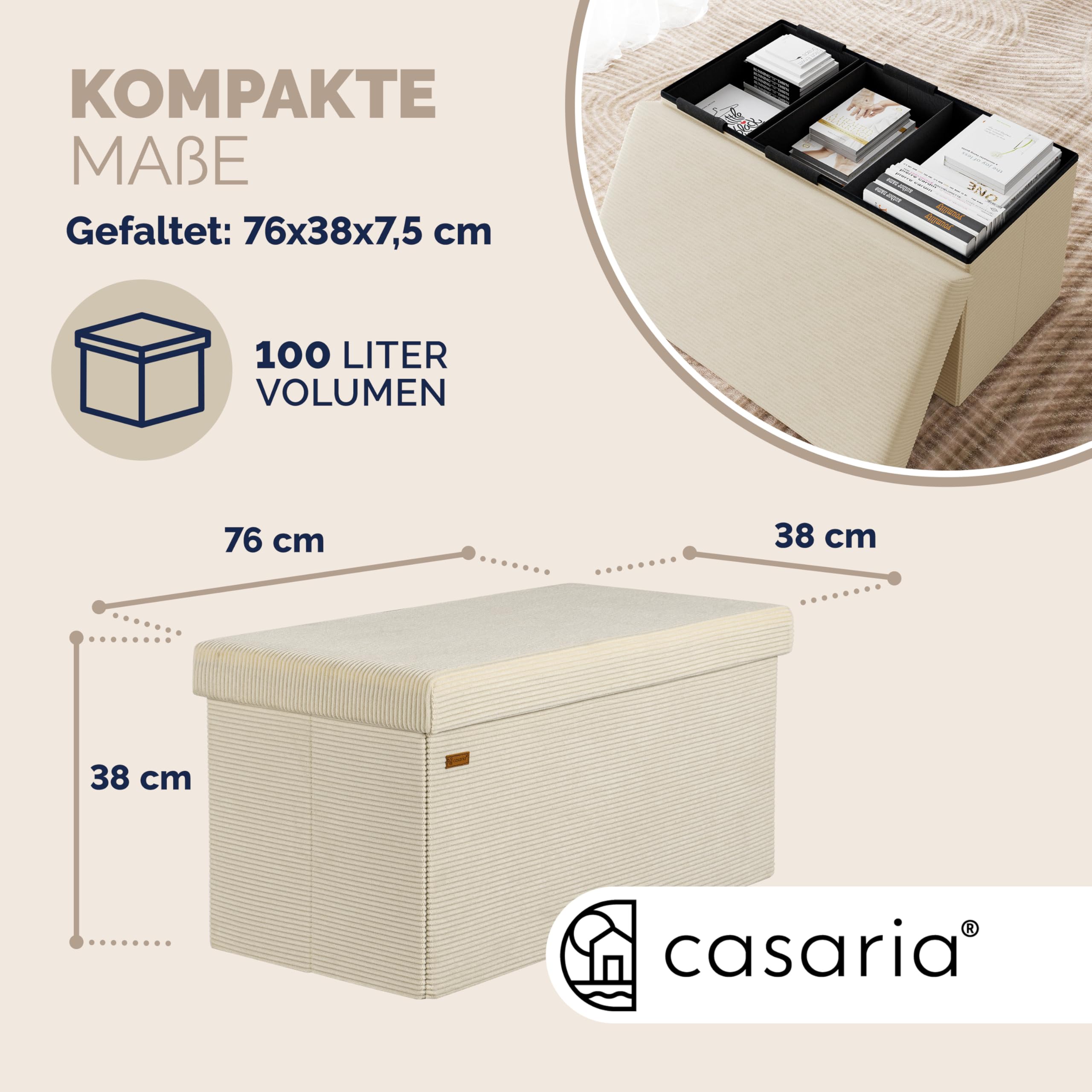 Casaria® Sitzbank mit Stauraum Beige Cord Faltbar Sitzbank 300kg Belastbar 76x38cm Truhe für Wohnzimmer Schlafzimmer Flur Diele Truhenbank Bank