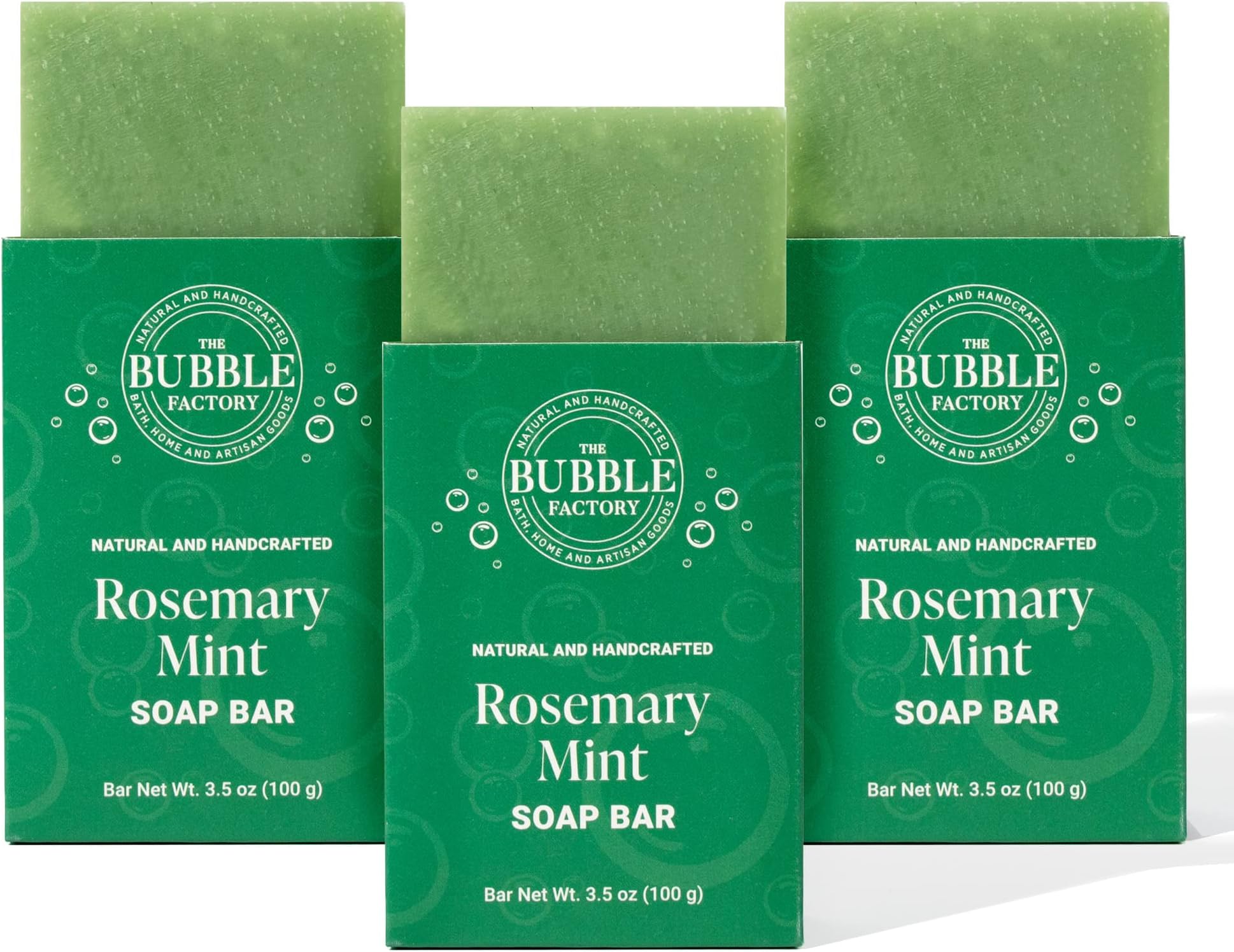 The Bubble Factory Handmade Natural Bath & Body Soap Bar, Vegan, All-Natural, Palm Oil Free, Made in USA with Shea Butter + Essential Oils, Rosemary Mint, 3 Bars