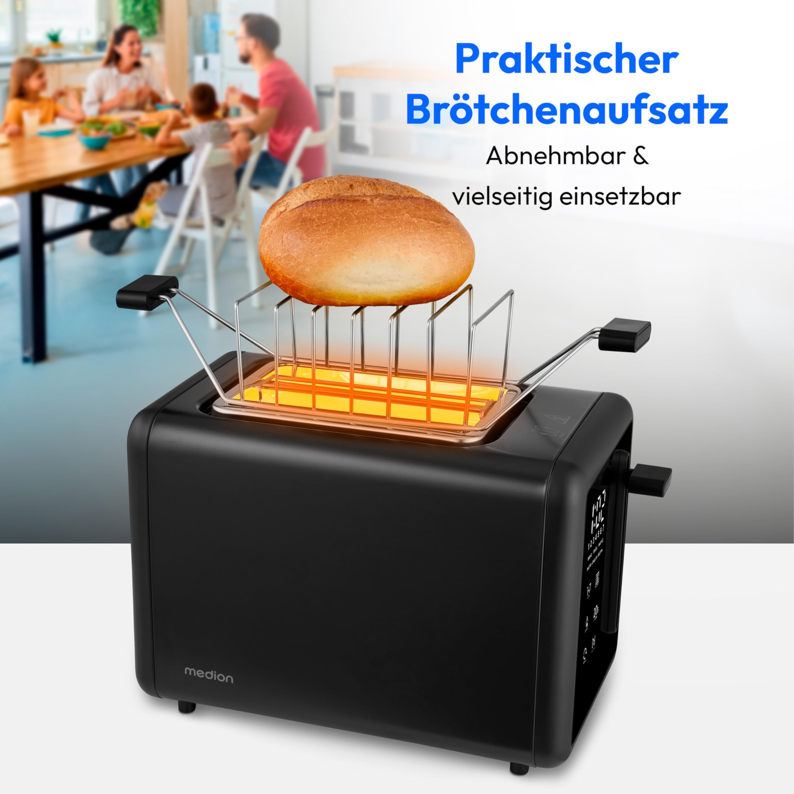 MEDION Toaster 2 Scheiben mit Brötchenaufsatz (7 Bräunungsstufen, 5 Automatikprogramme, 850 Watt, Auftauen, Aufwärmen, LED Sensor Touch Display, Krümelschublade, Edelstahl Matt, MD 12102) schwarz