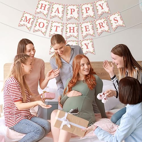 Miniatura 7 de Whaline Juego de 3 pancartas para el Día de la Madre, con texto en inglés «Happy Mother's Day» con cola de pez, guirnalda floral rosa premontada