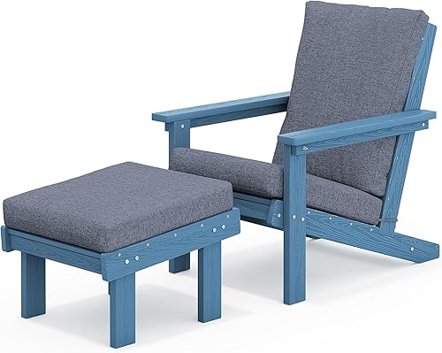 SERWALL Silla Adirondack con cojín y otomana, juego de sillas Adirondack de polietileno de alta densidad para todo tipo de clima, sillas Adirondack
