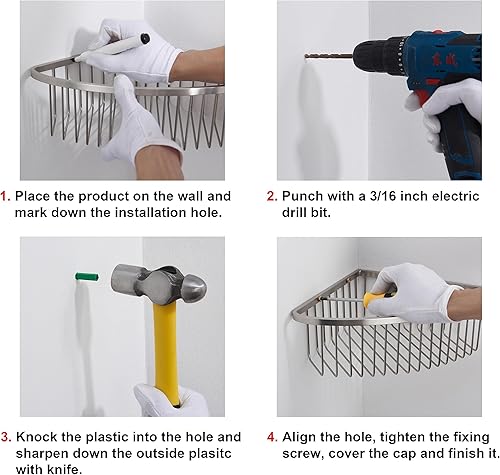 Miniatura 6 de Cesta de esquina para ducha, estante de ducha de baño de acero inoxidable, organizador para almacenamiento de ducha, estante de esquina de pared