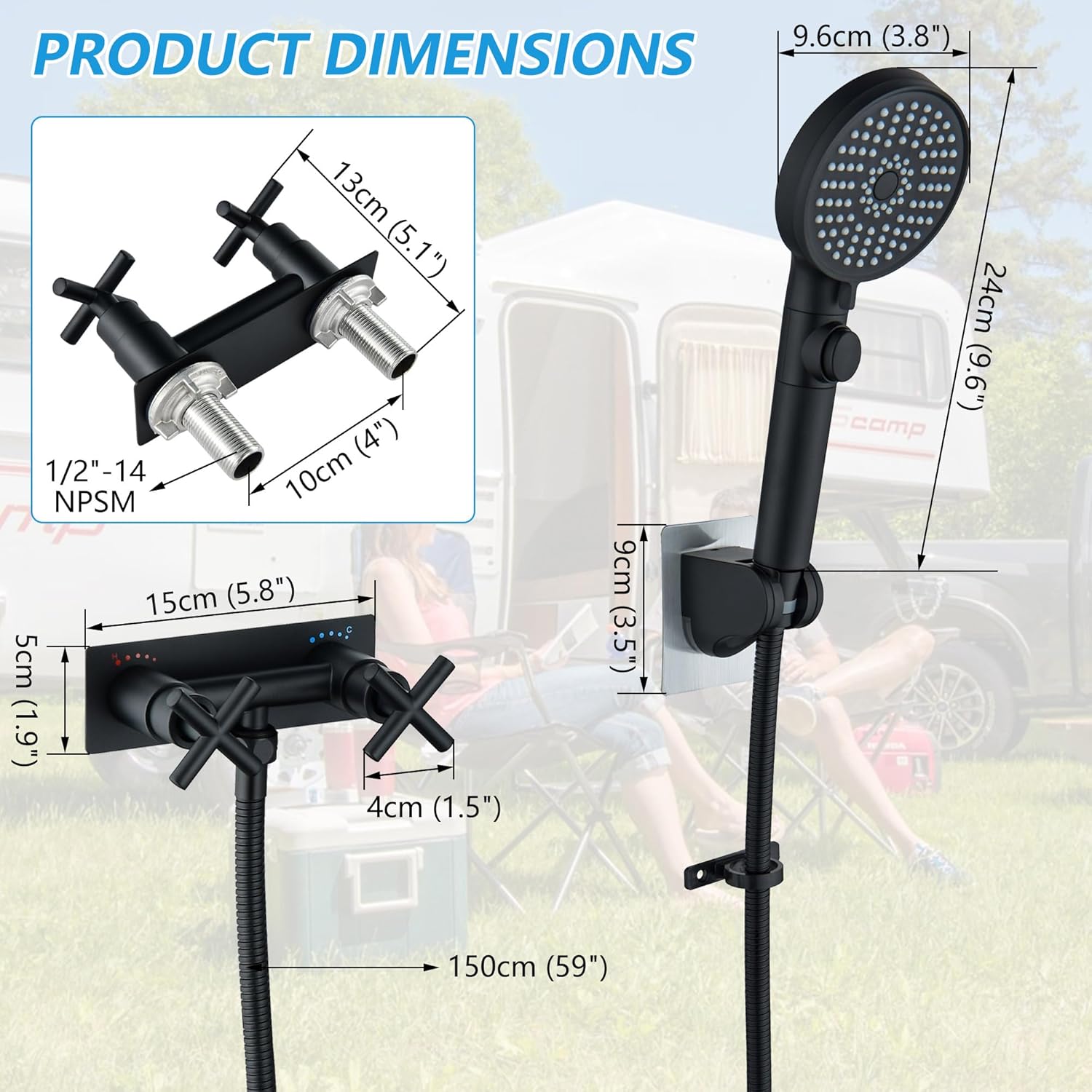 RV Shower Faucet Black, Metal 4" Camper Shower Faucet with Hose and Shower Head for RV, Camper, Motorhome, Travel Trailer, Matte Black