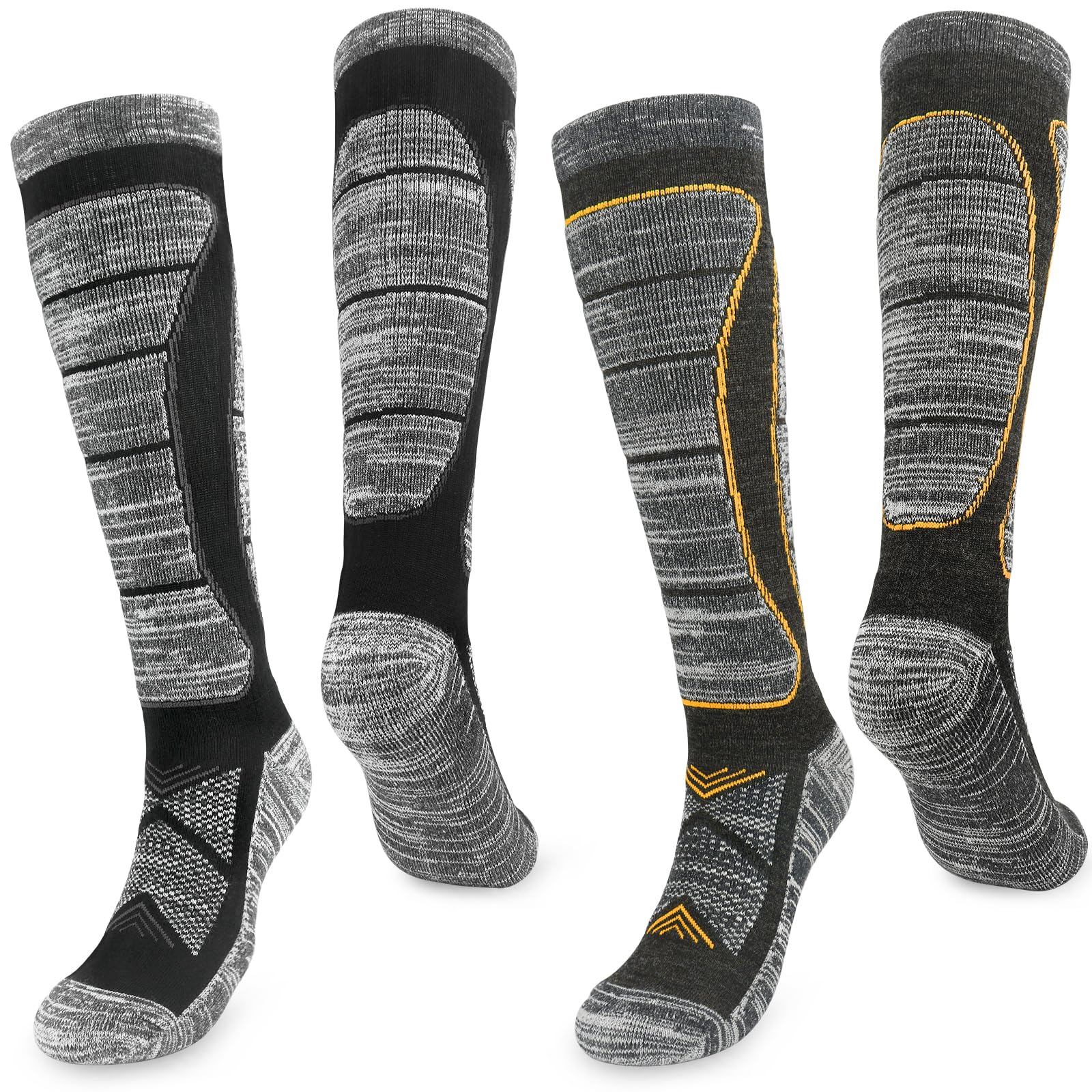 Smlper 2 Pairs Merino Wool Ski Socks Men,Thermal Warm Knee High Thick Socks for Winter, Cold Weather, Snow, Snowboarding, Hunting, Hiking (Black Grey/Grey orange)