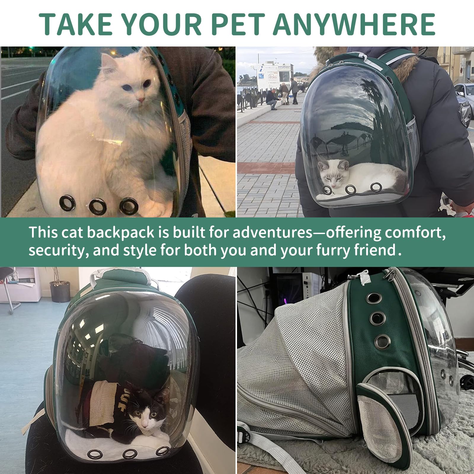 PETSWEET Cat Backpack Carrier, Back Expandable Pet Backpack with Bubble Window, Airline Approved Pet Travel Bag for Small/Medium Cats & Puppies, Hiking, Camping, Outdoor Use (Green) - image 7