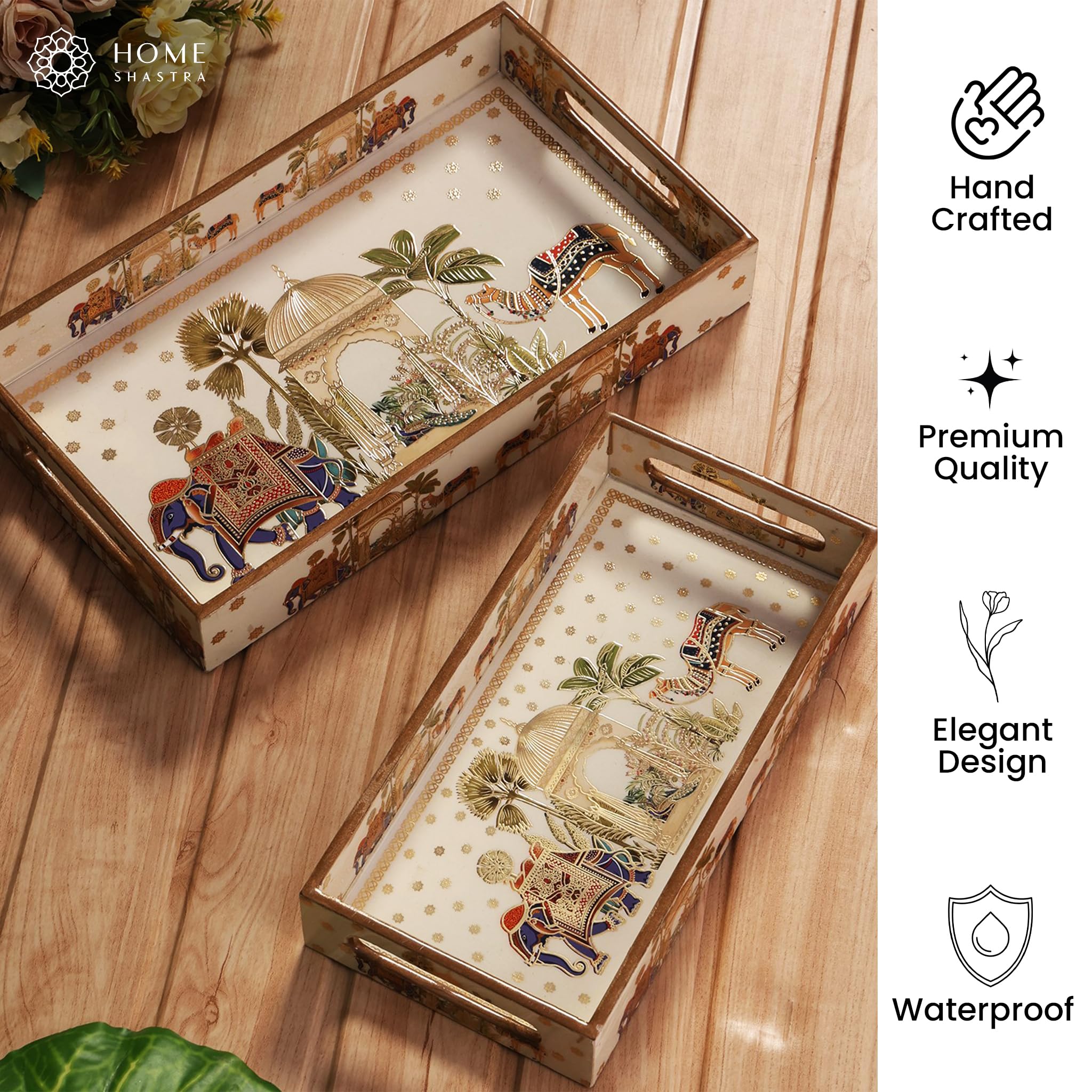 Bandeja de madera para servir con grabado dorado | Juego de 2 | Tamaño: 14 x 8 pulgadas y 12 x 6 pulgadas | Revestimiento esmaltado impermeable | Rectangular | Bandejas decorativas |