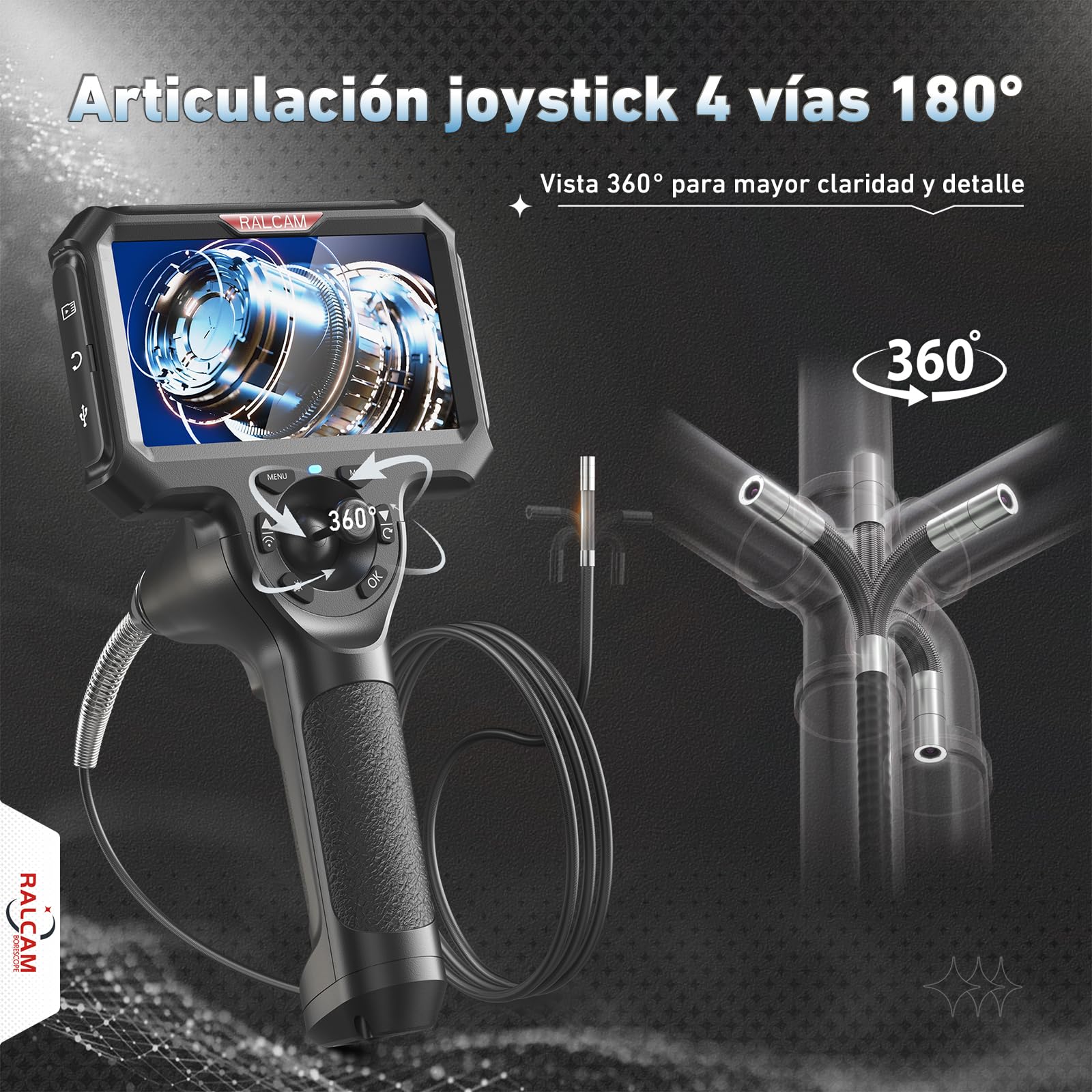 Ralcam Endoscopio 360° Ajustable con Pantalla HD 5" 1280×720, Sonda 6,2 mm con 6 Luces LED, Cable Semirrígido 1,5 m, Impermeable IP67 para Inspección Profesional