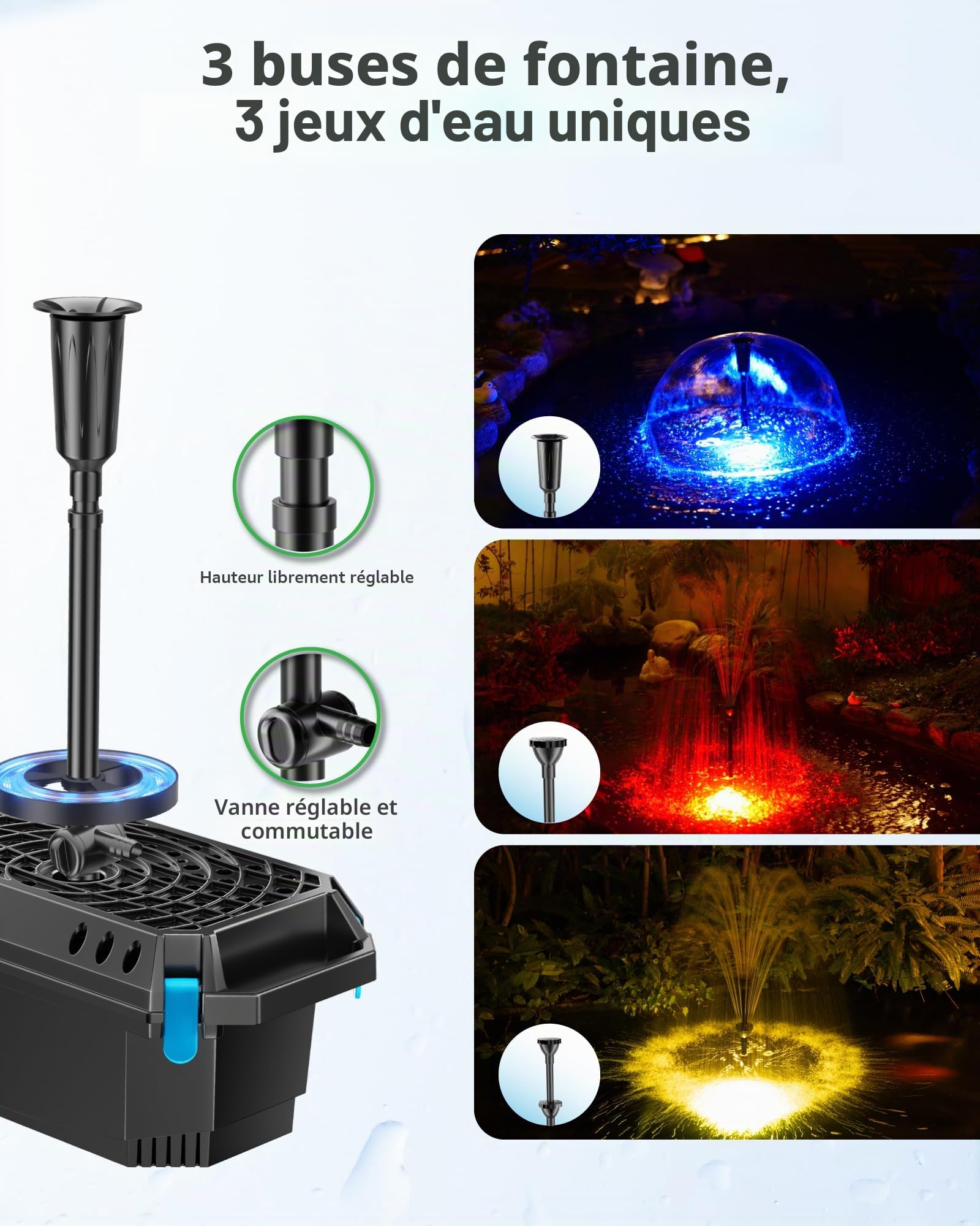 POPOSOAP Filtre pour bassin avec clarifiant UV, 2500 l/h Pompe et ensemble de filtres avec lumières LED RGB, Fontaine de bassin tout-en-un pour bassins extérieurs jusqu’à 6000 litres